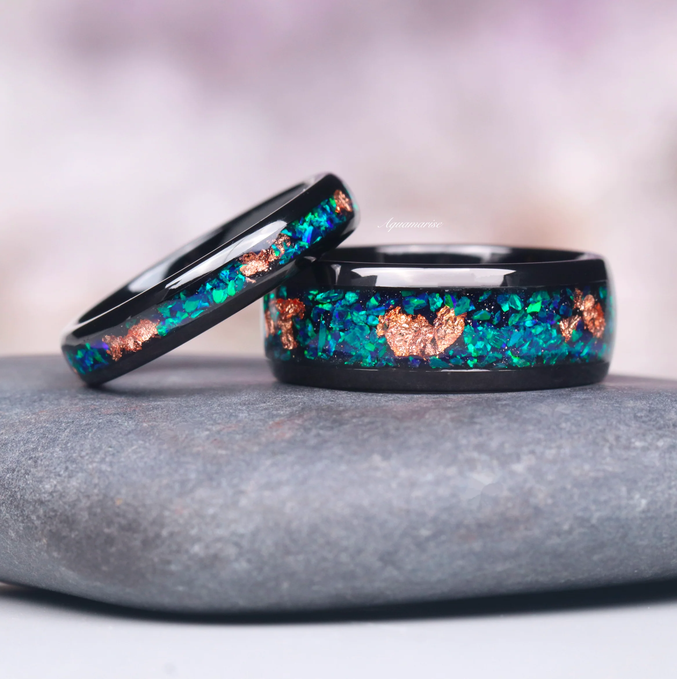 Peacock Fire Opal Wedding Band- 4MM His/ Hers Black Tungsten Wedding Ring - Image 3