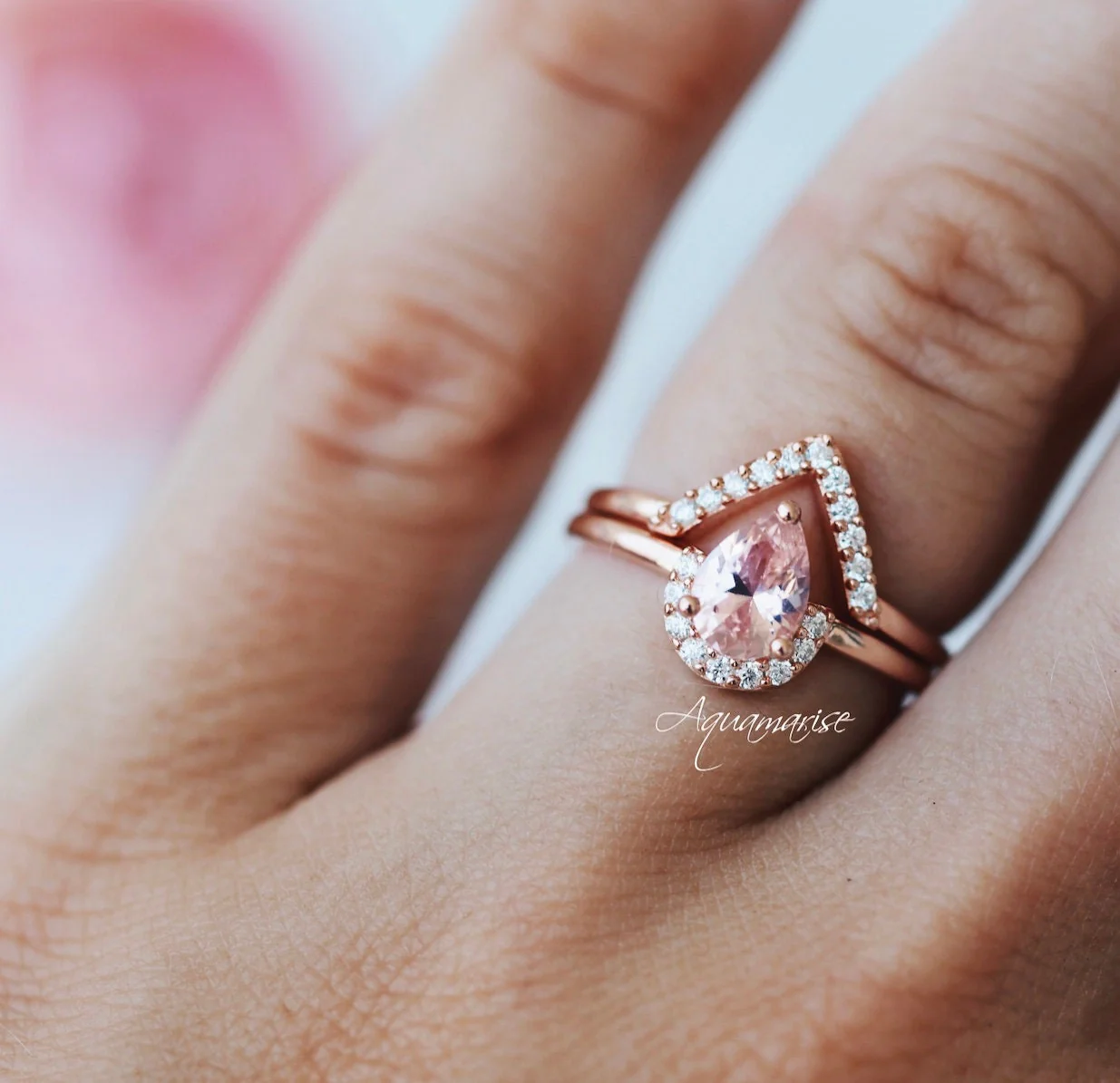 Pear Morganite Chevron Stacking Ring Set in Rose Gold Vermeil - Image 3