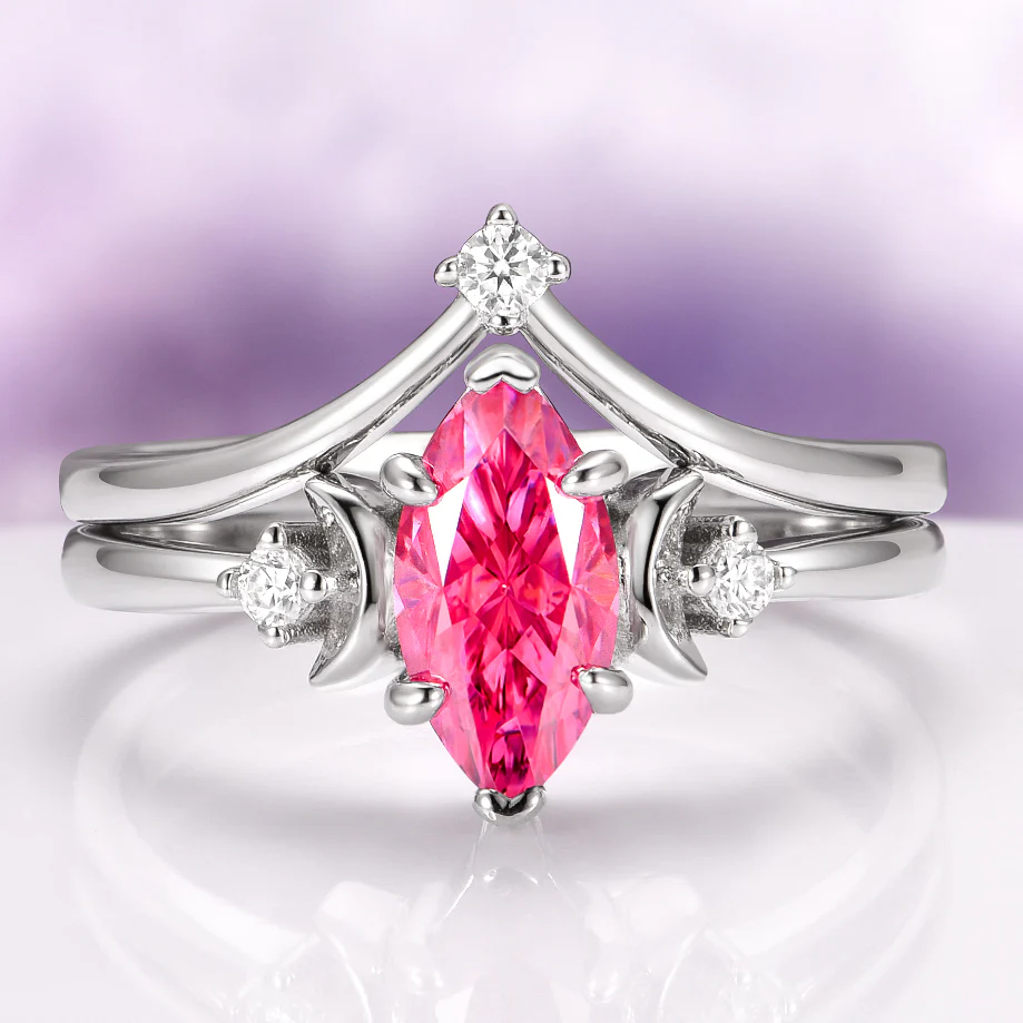 Pink Moissanite Crescent Moon Engagement Ring Set in Sterling Silver