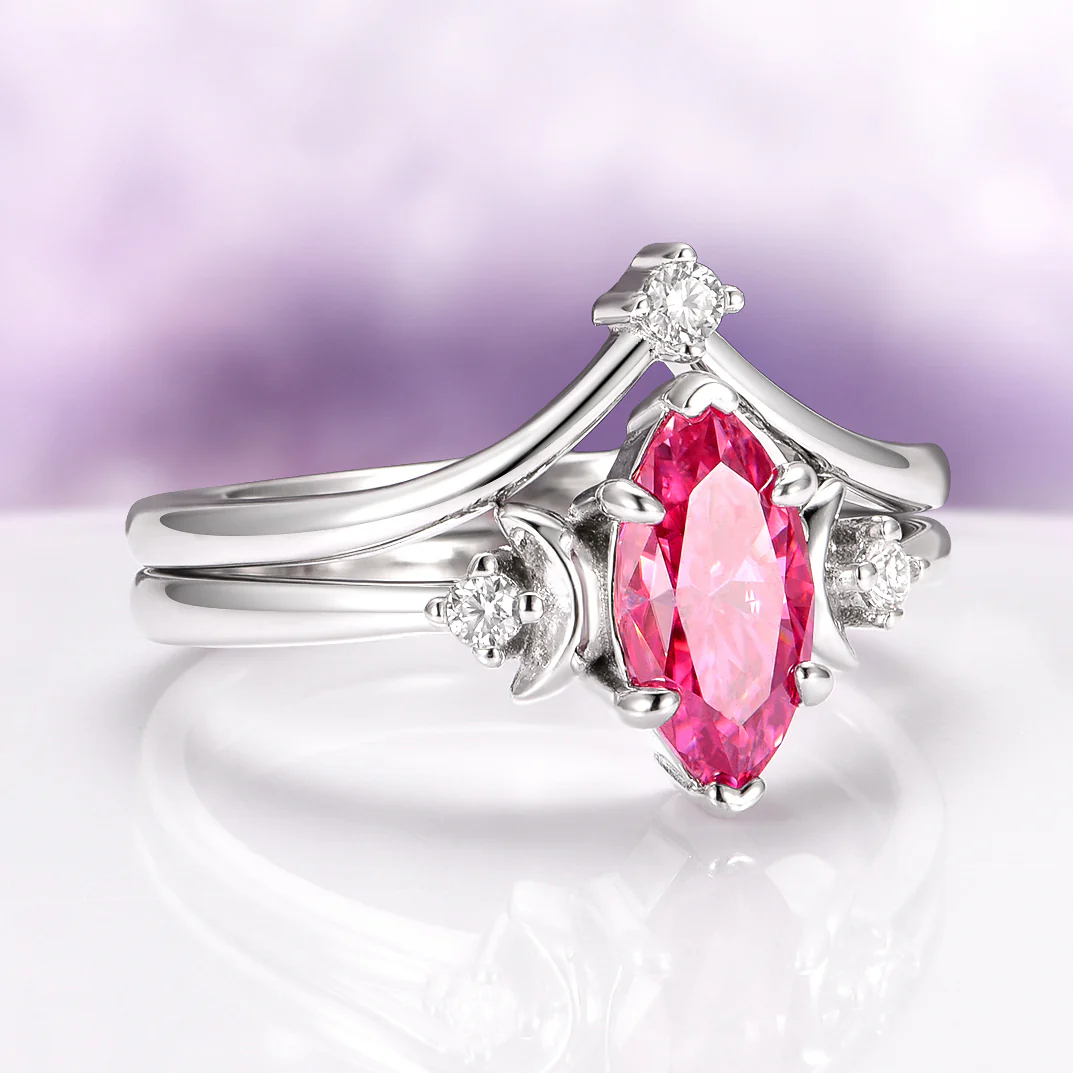 Pink Moissanite Crescent Moon Engagement Ring Set in Sterling Silver - Image 2
