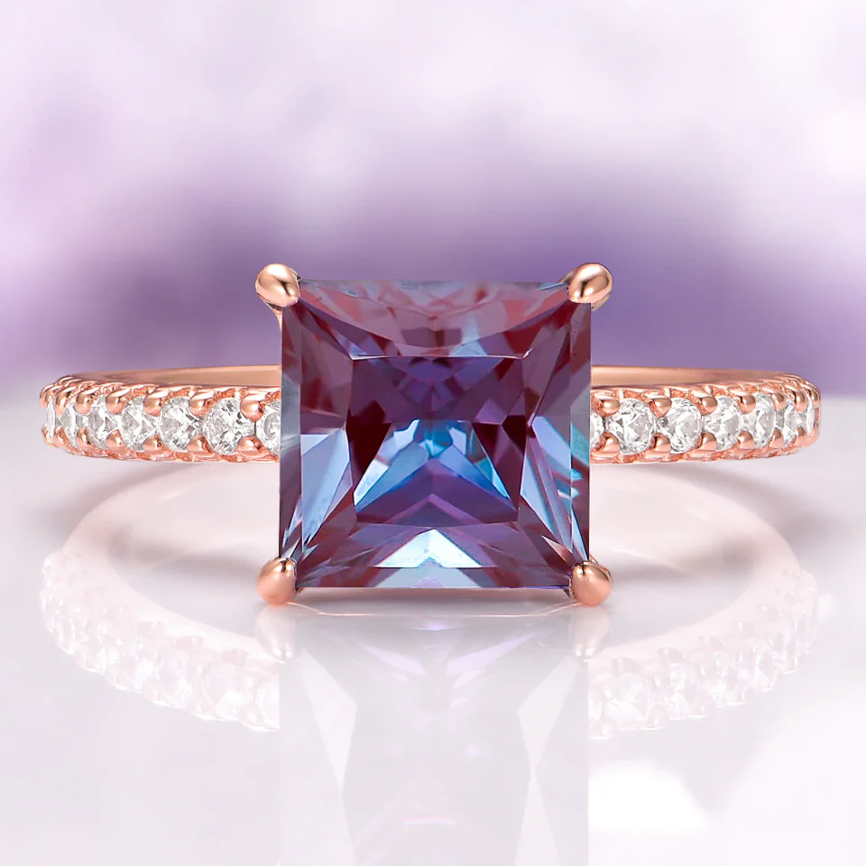 Princess Cut Alexandrite Engagement Ring in 14K Solid Rose Gold
