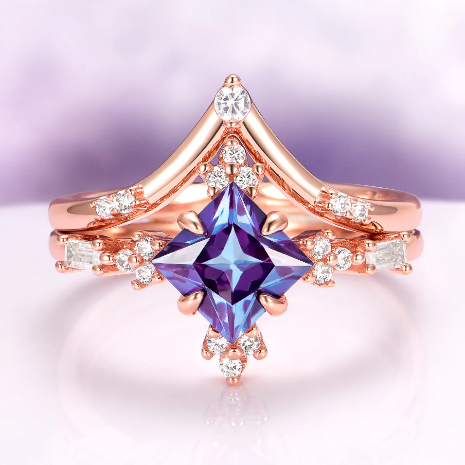 Princess Cut Alexandrite Engagement Ring Set in 14K Solid Rose Gold
