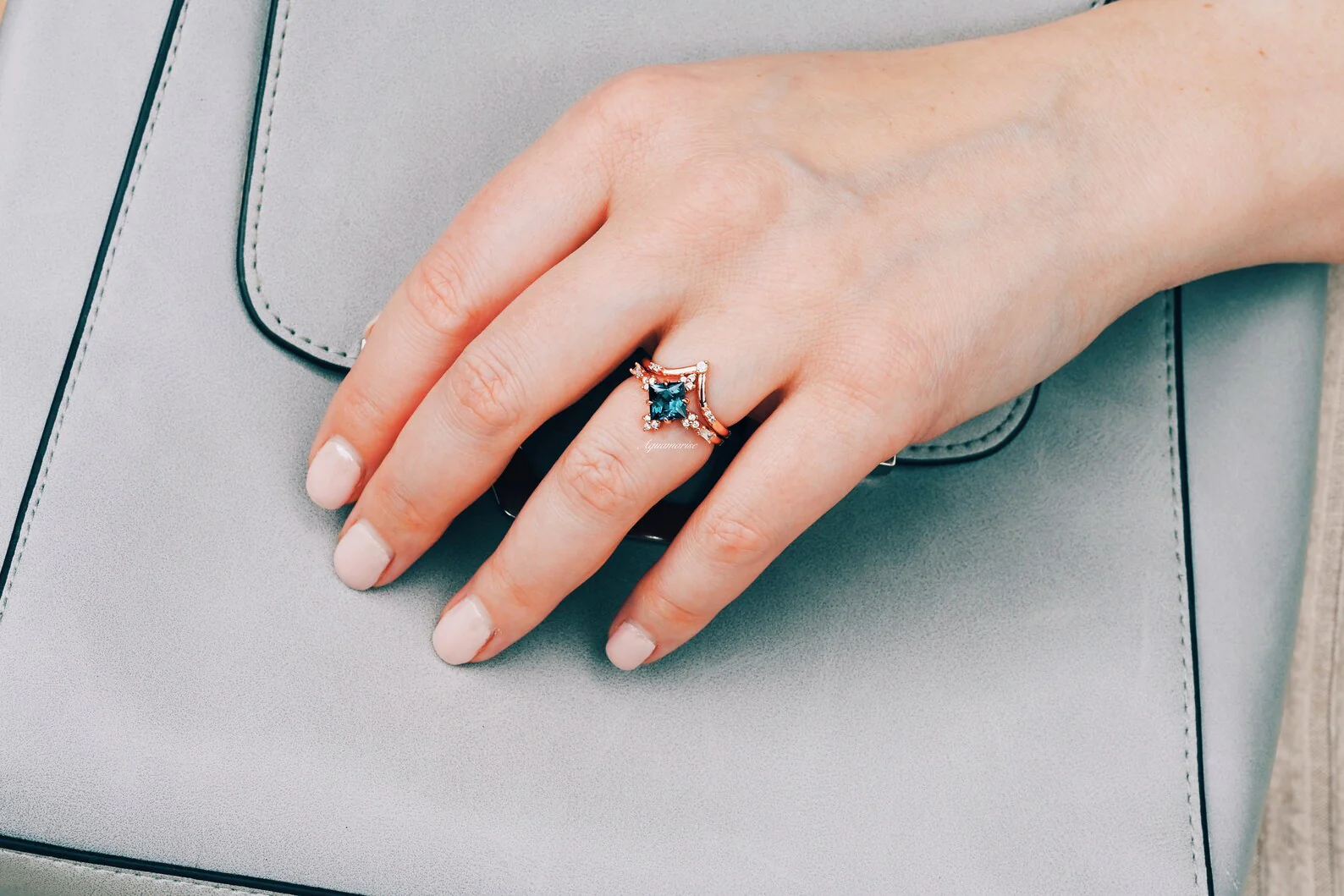 Princess Cut Alexandrite Engagement Ring Set in 14K Solid Rose Gold - Image 3