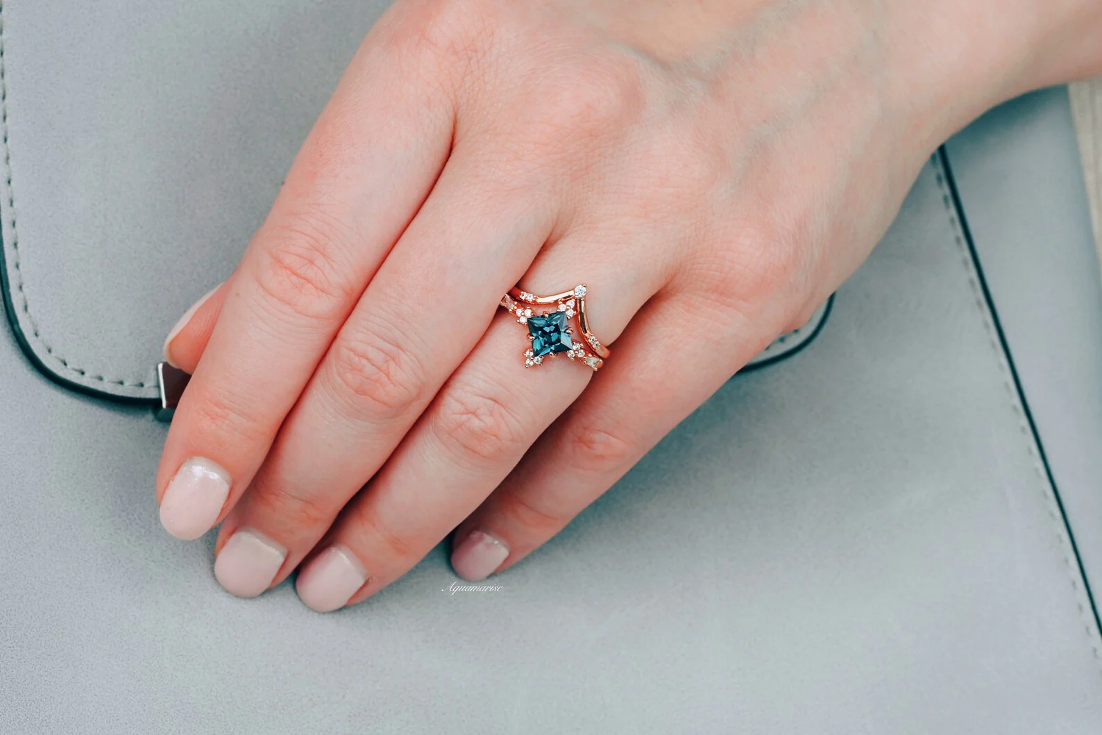Princess Cut Alexandrite Engagement Ring Set in 14K Solid Rose Gold - Image 6