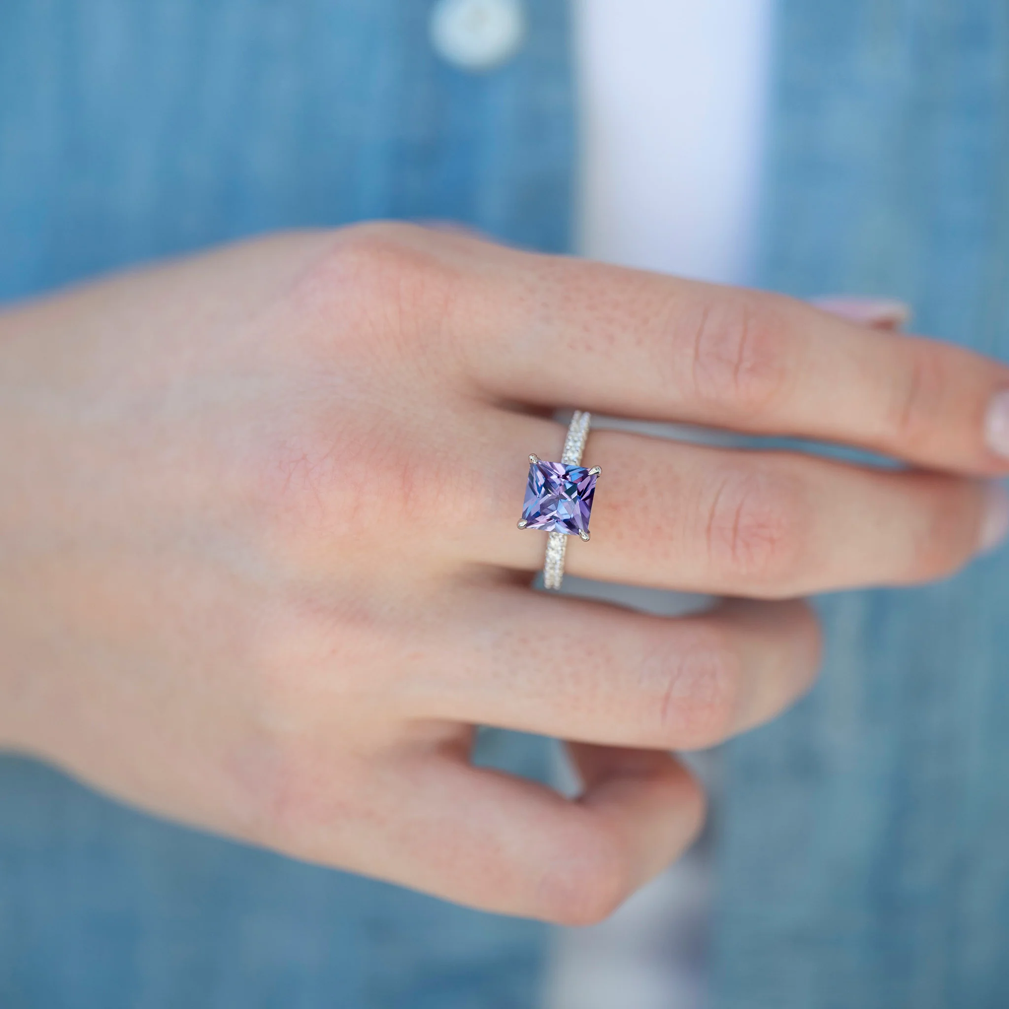 Princess Cut Alexandrite Engagement Ring in Sterling Silver - Image 2