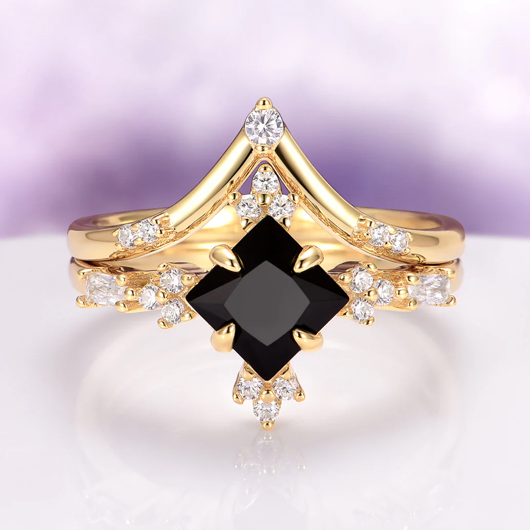 Princess Cut Black Onyx Engagement Ring Set in Solid 14K Yellow Gold