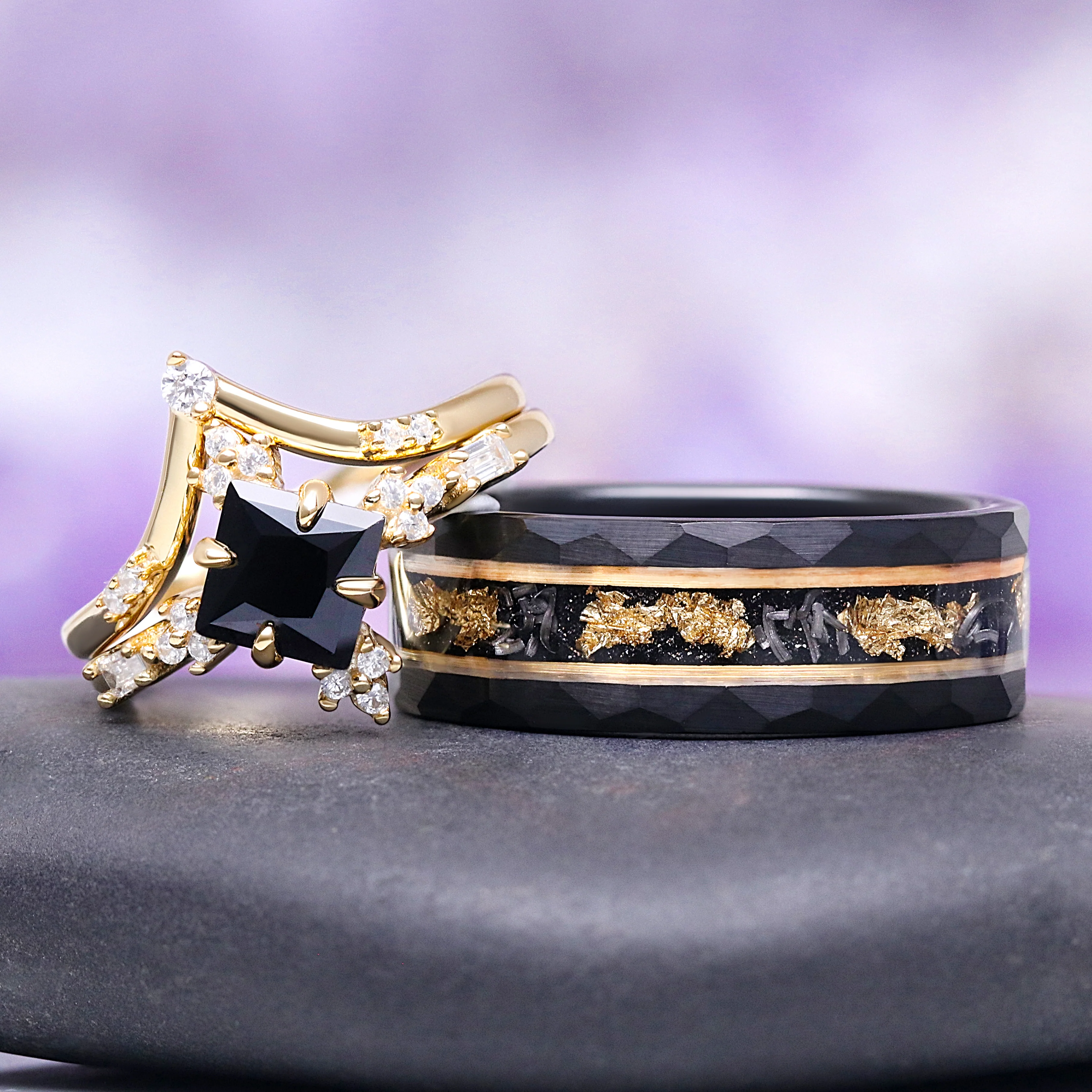 Princess Cut Black Onyx Engagement Ring Set in Solid 14K Yellow Gold - Image 2