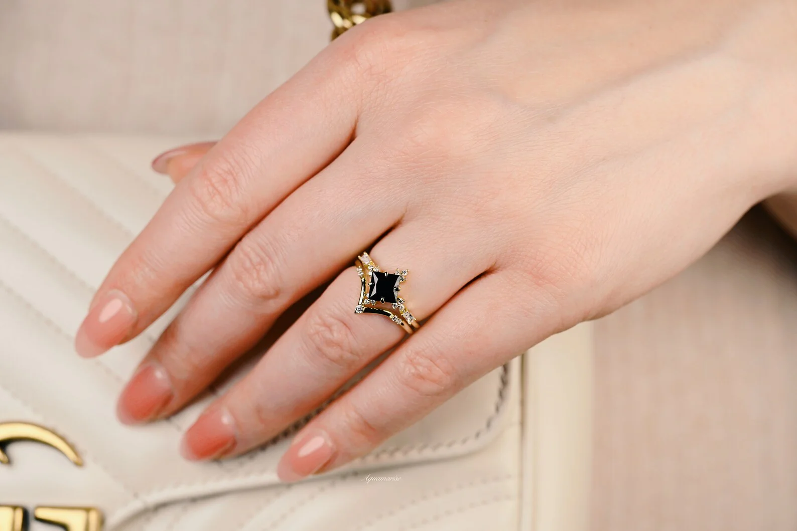 Princess Cut Black Onyx Engagement Ring Set in Solid 14K Yellow Gold - Image 6