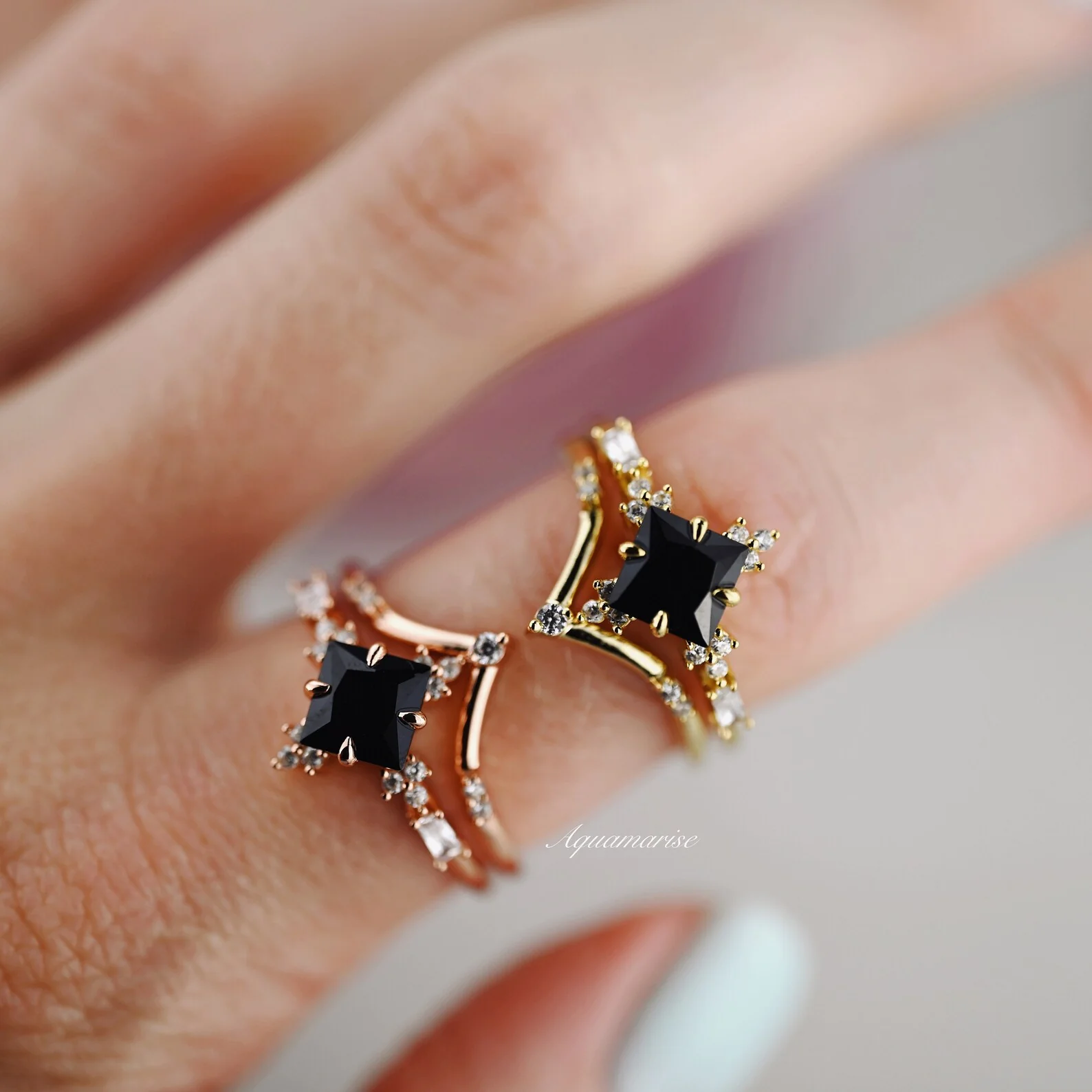Princess Cut Black Onyx Engagement Ring Set in Solid 14K Yellow Gold - Image 8