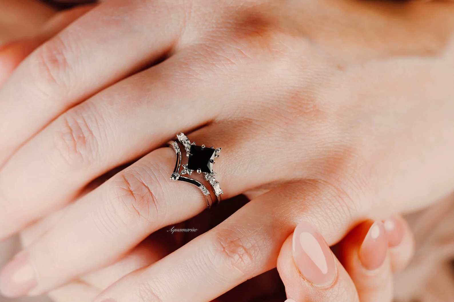 Princess Cut Black Onyx Engagement Ring Set in 14K/18K White Gold - Image 3