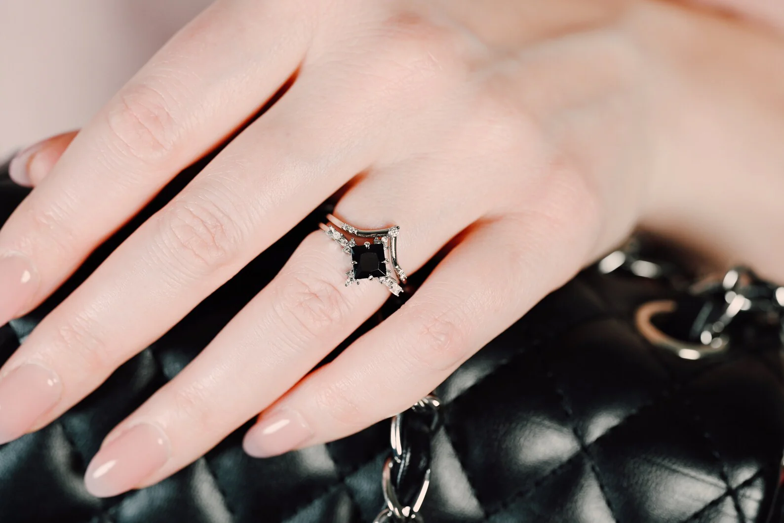 Princess Cut Black Onyx Engagement Ring Set in 14K/18K White Gold - Image 5