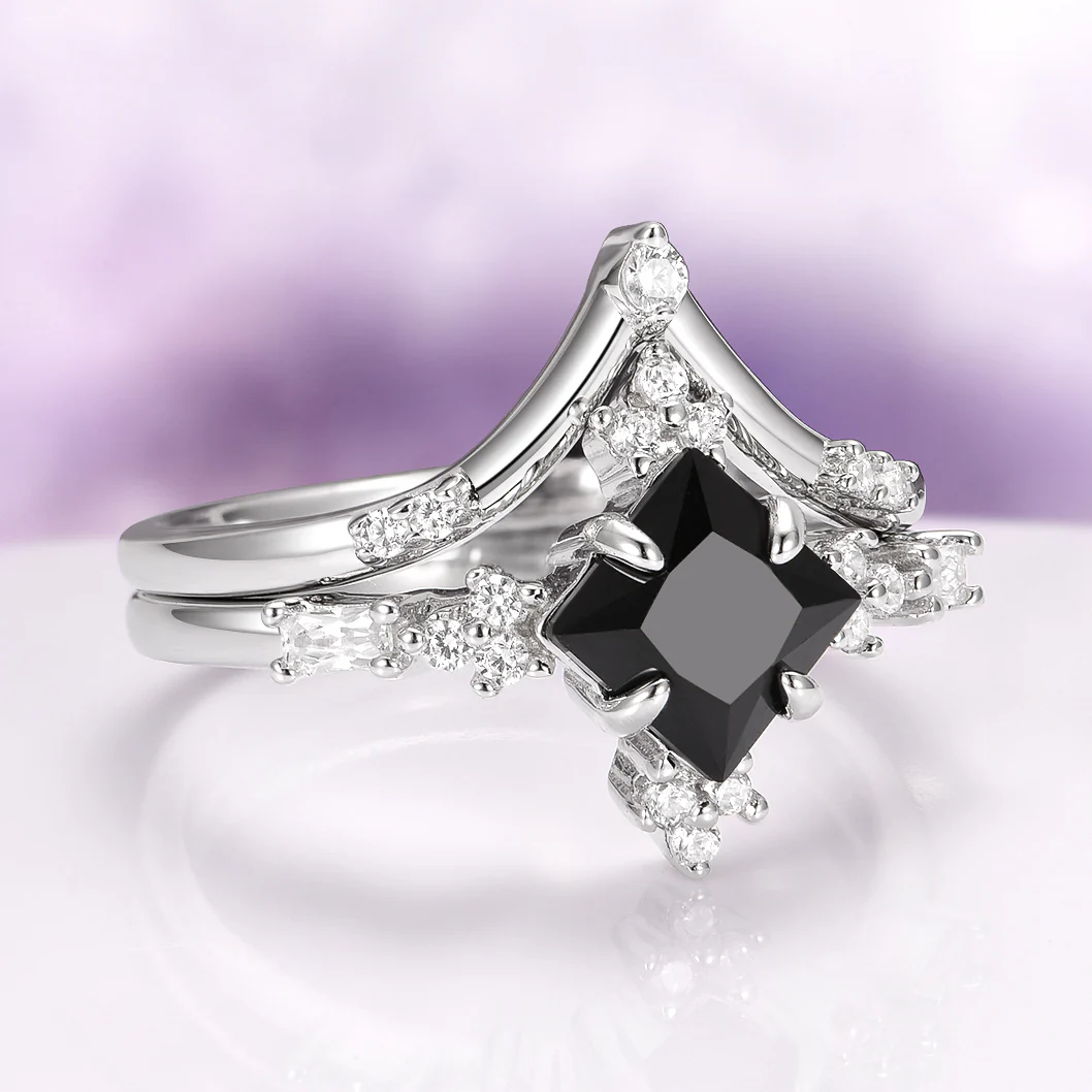 Princess Cut Black Onyx Engagement Ring Set in 14K/18K White Gold - Image 9