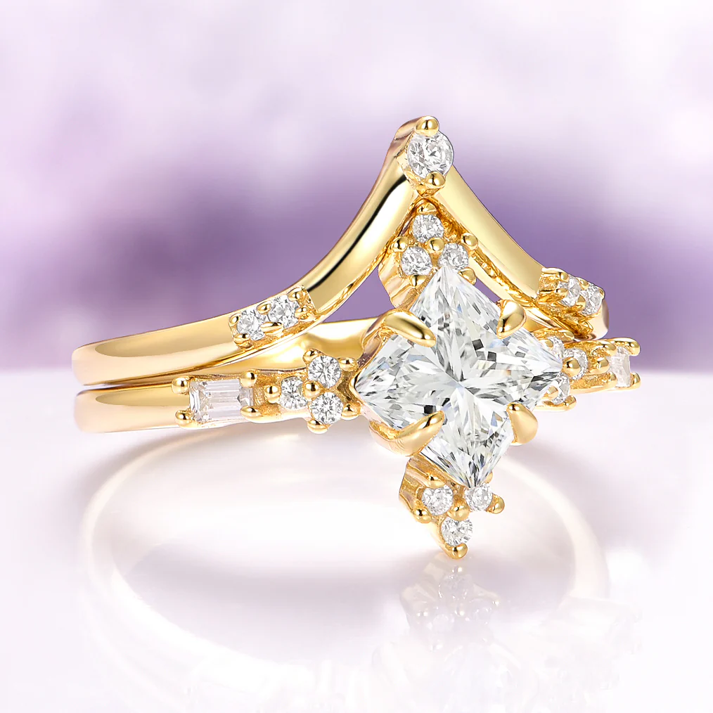 Princess Cut Moissanite Engagement Ring Set in 14K Solid Yellow Gold - Image 2