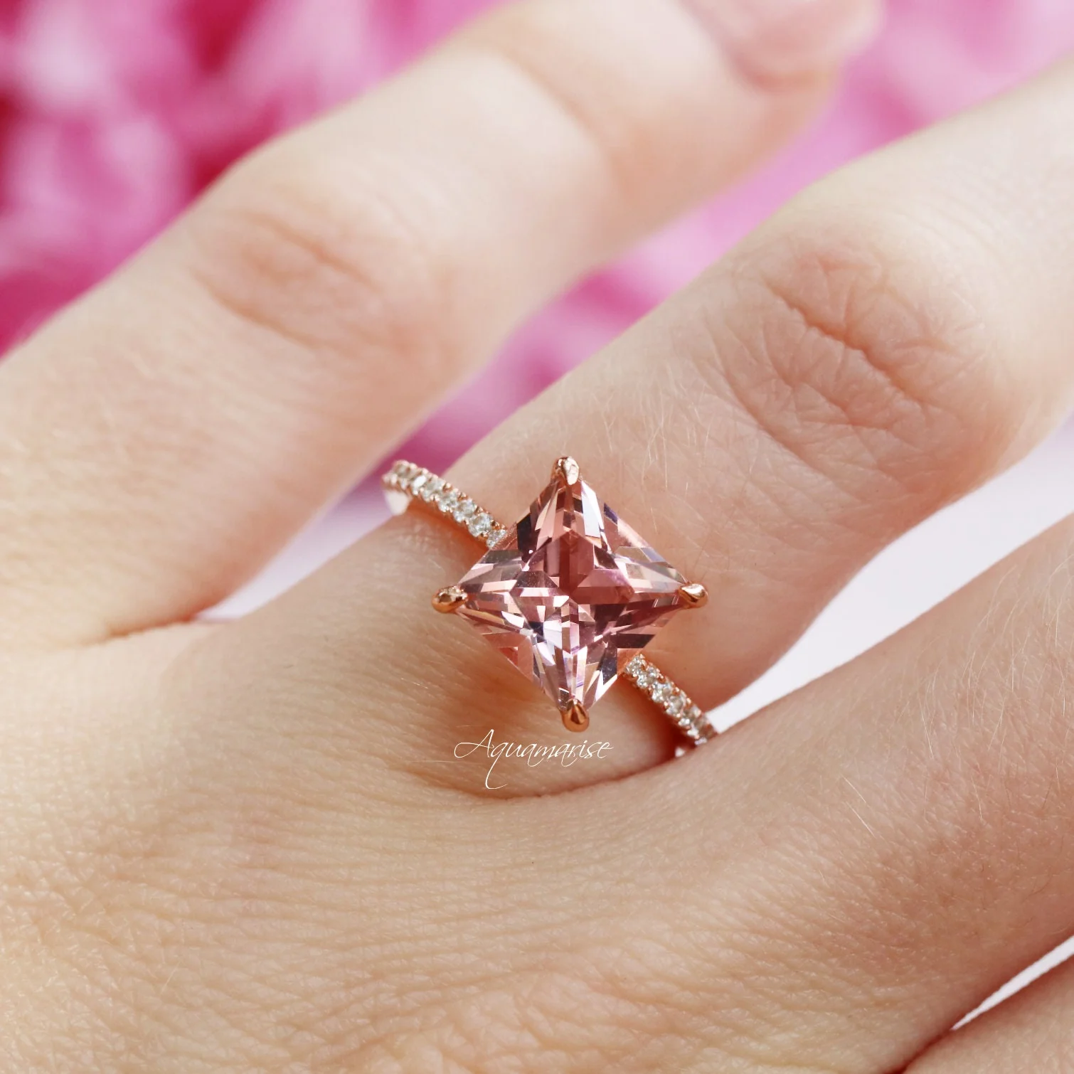 Princess Cut Blush Pink Morganite Engagement Ring in 14K Rose Gold Vermeil - Image 2