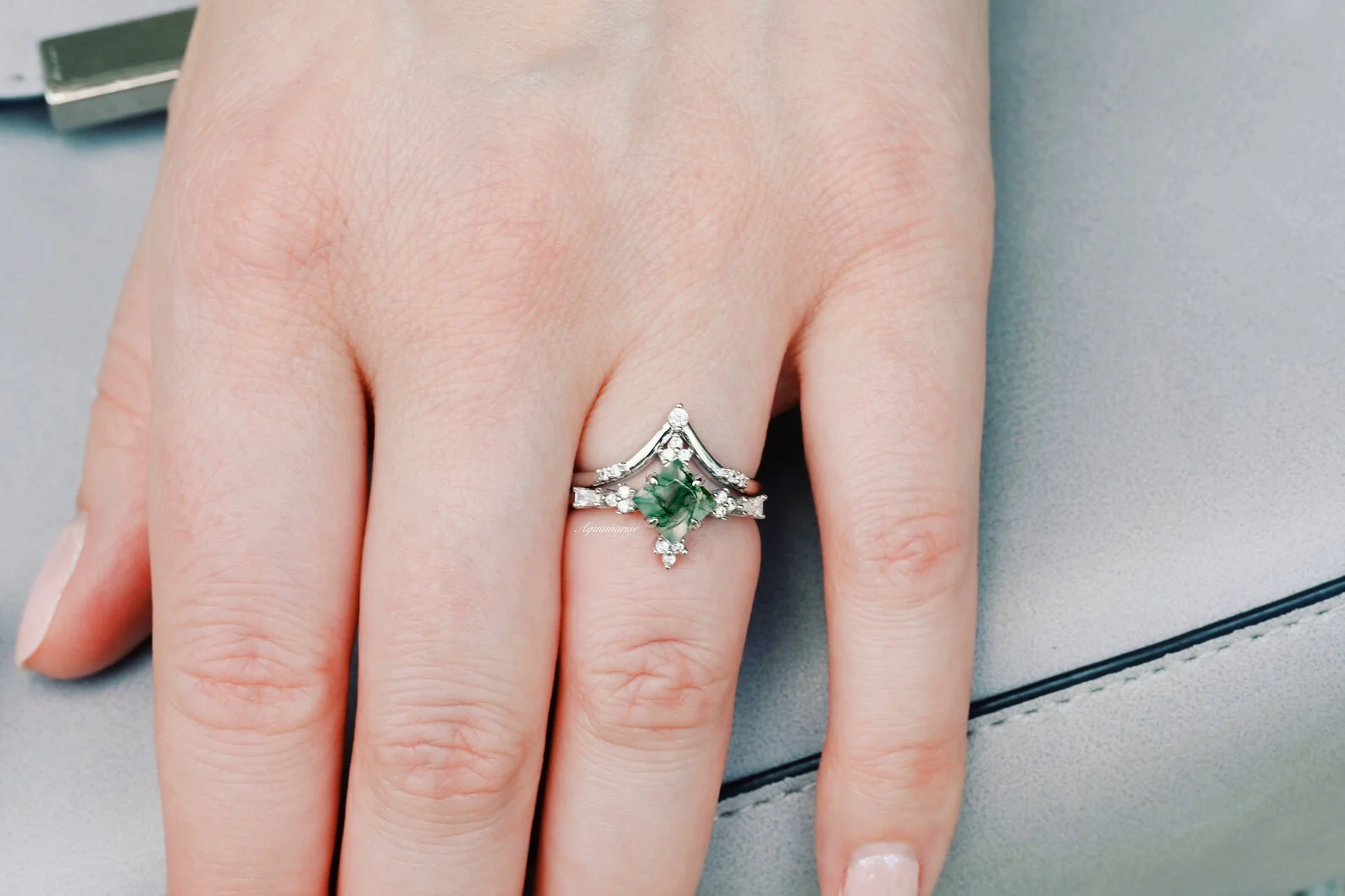 Rustic Moss Agate Couples Ring Set - Image 6