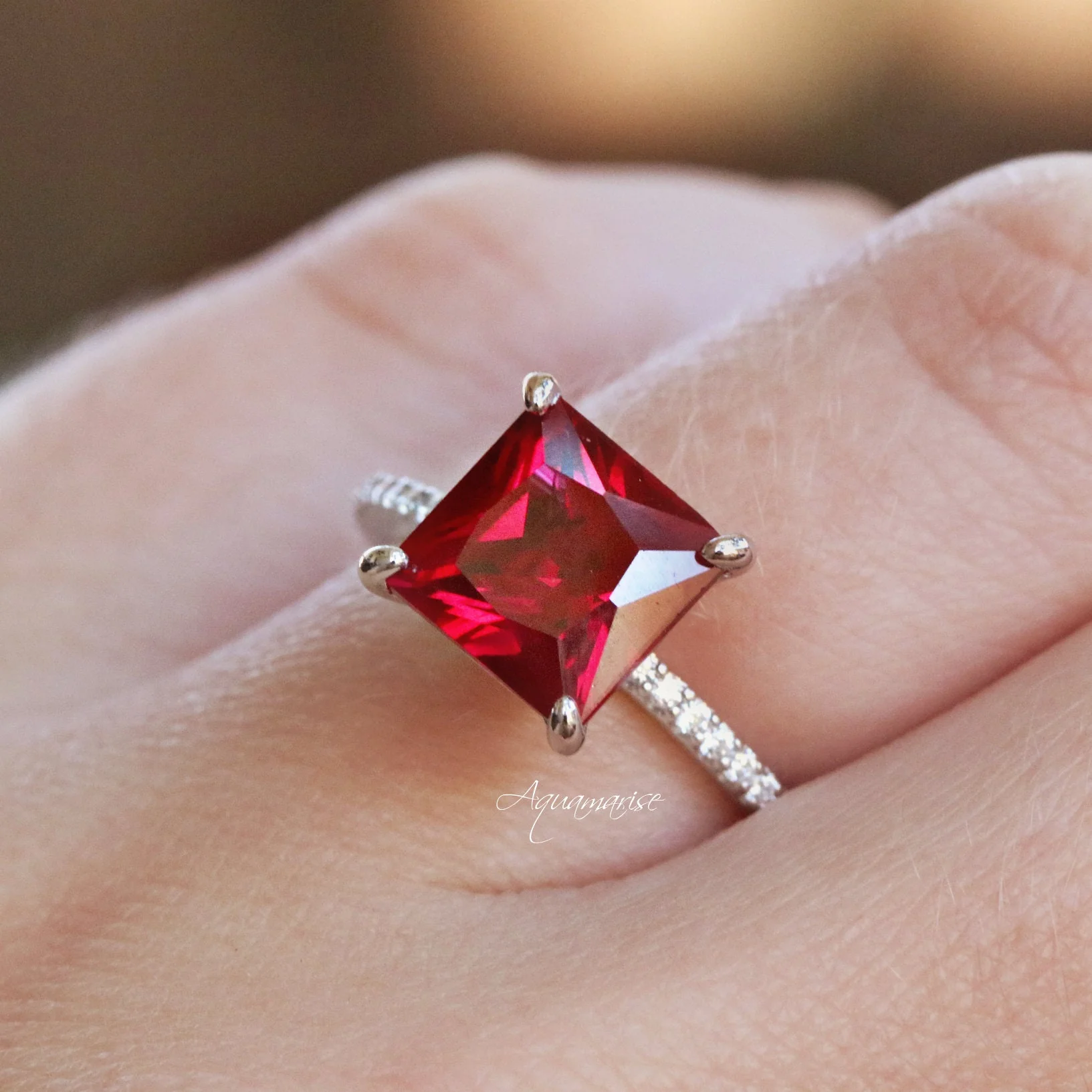 Princess Cut Lab Grown Ruby Engagement Ring in Sterling Silver - Image 3
