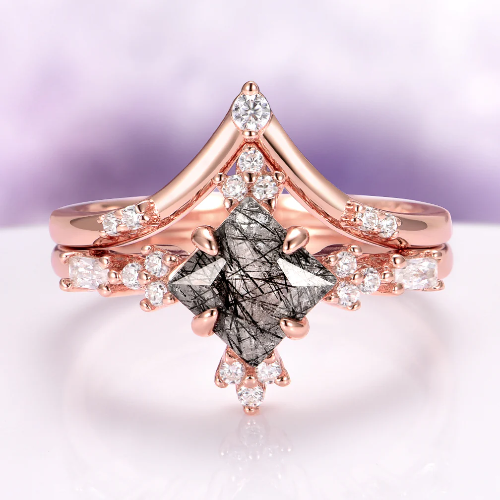 Princess Cut Rutilated Quartz Engagement Ring Set in 14K Solid Rose Gold