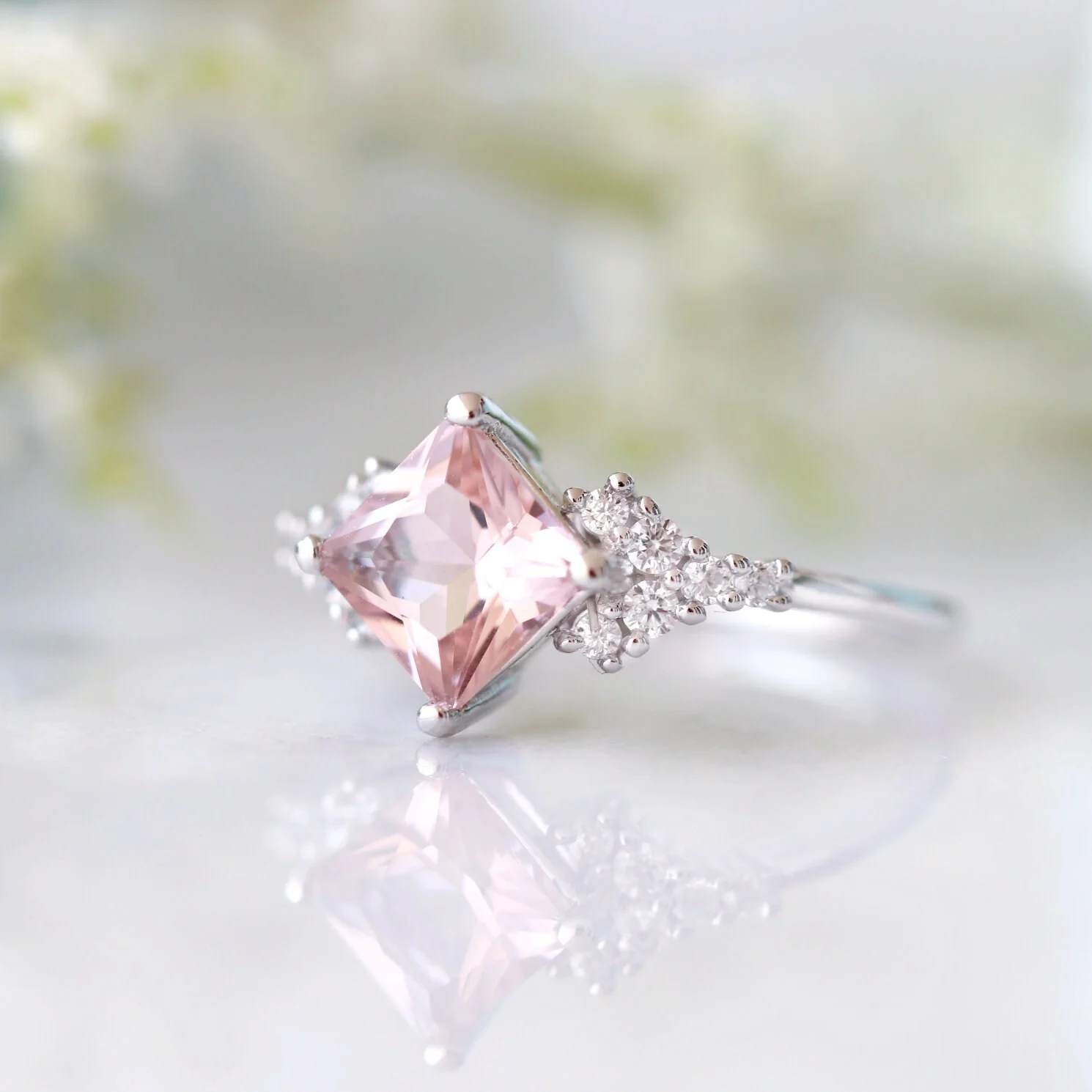 Ellie Princess Cut Morganite Engagement Ring in Sterling Silver - Image 4