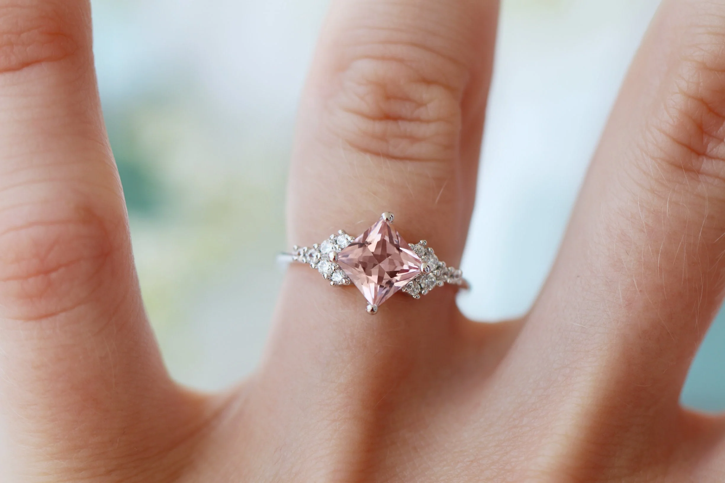 Ellie Princess Cut Morganite Engagement Ring in Sterling Silver - Image 5