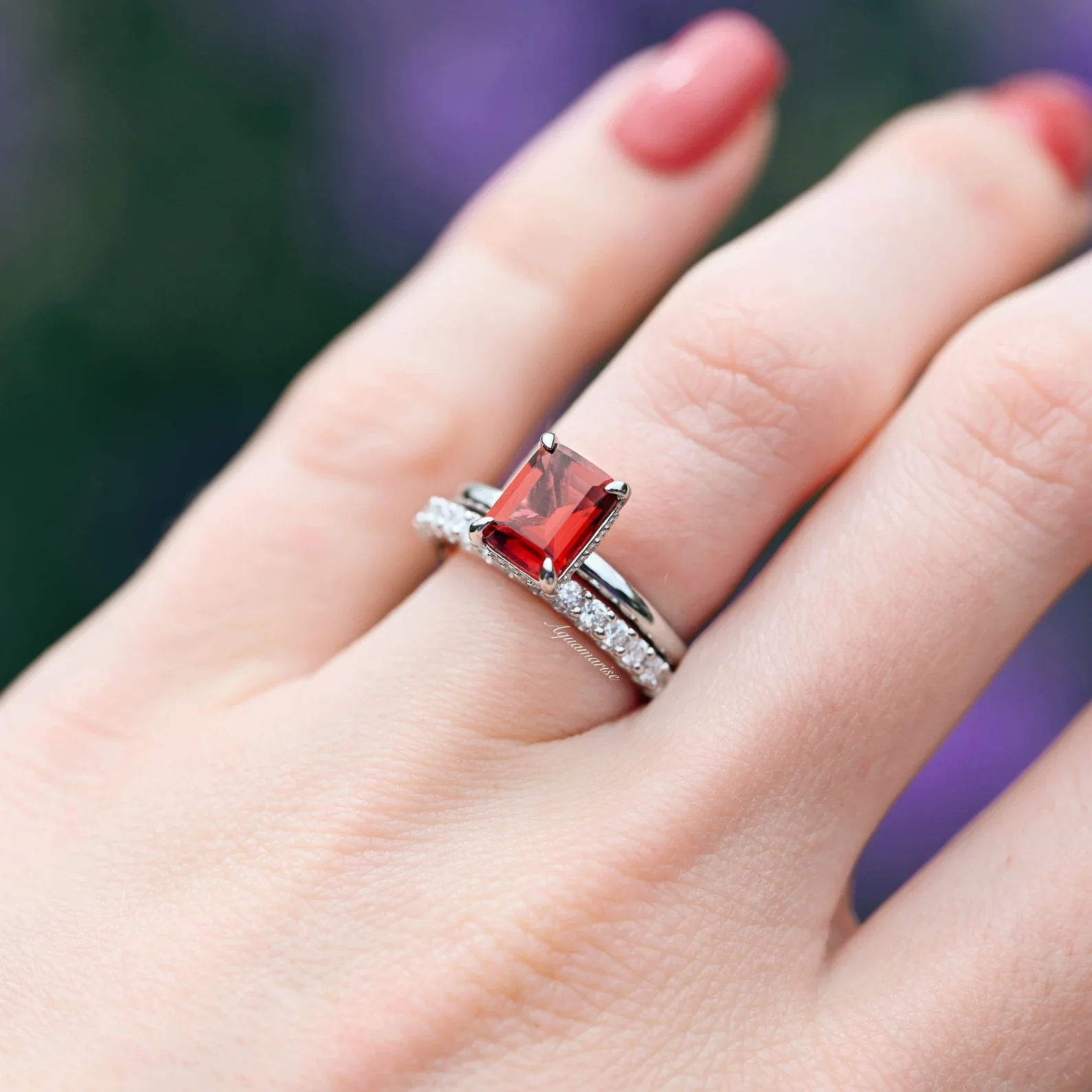 Raspberry Tourmaline Engagement Ring Set- Sterling Silver - Image 4