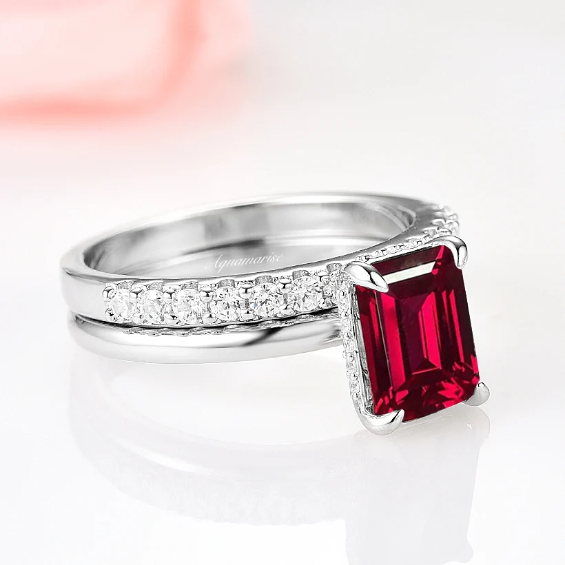 Raspberry Tourmaline Engagement Ring Set- Sterling Silver - Image 6