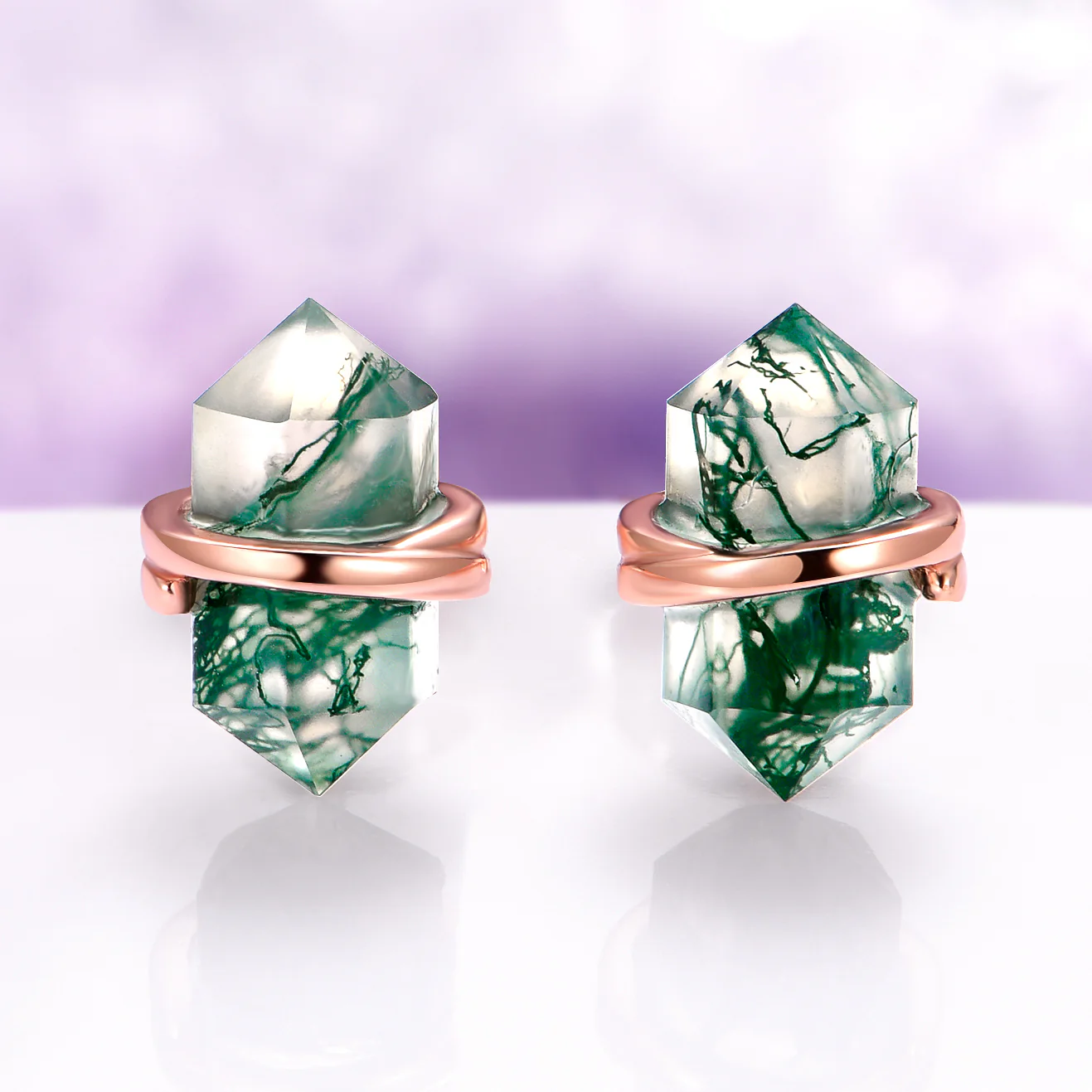 Raw Green Moss Agate Stud Earrings in 14K Rose Gold Vermeil