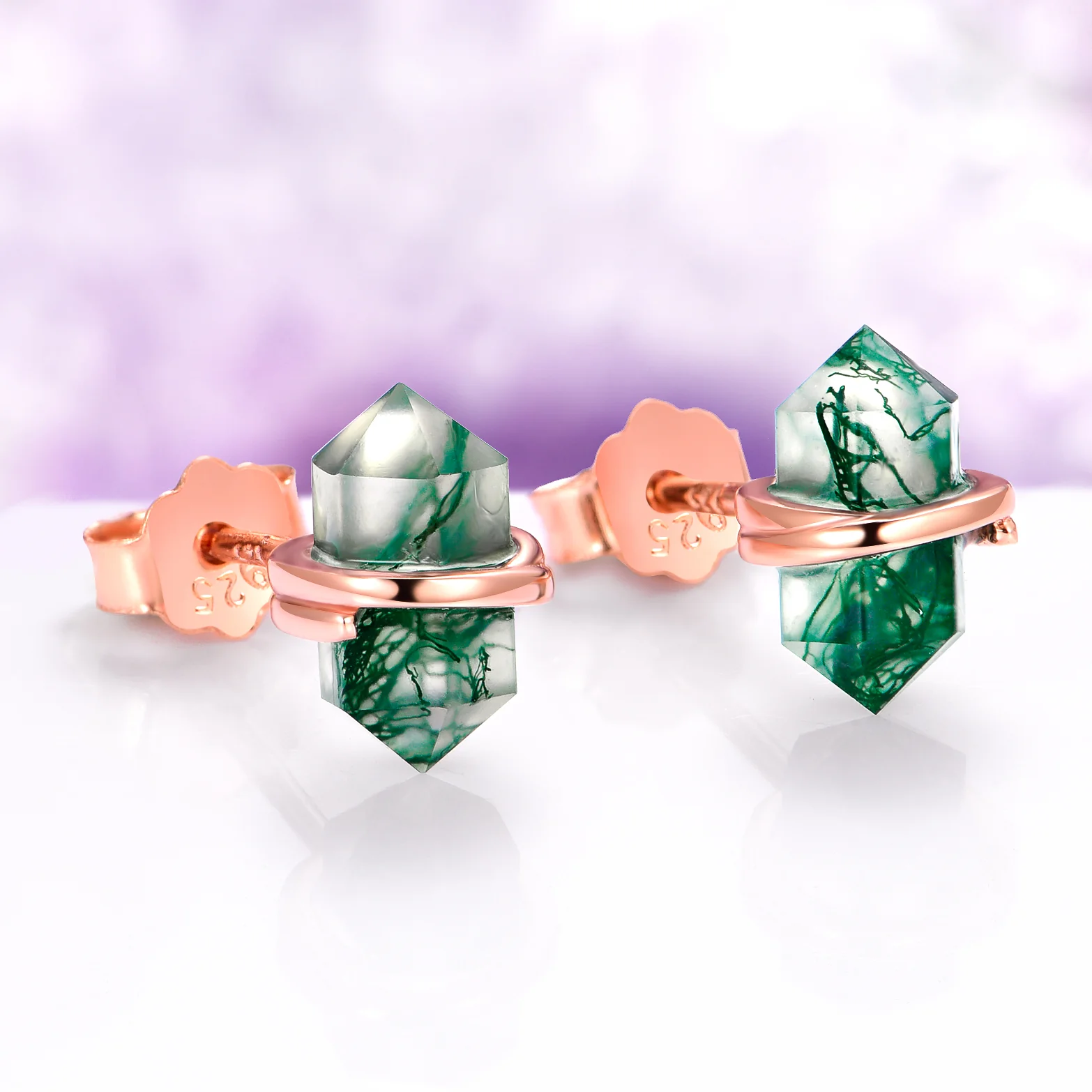 Raw Green Moss Agate Stud Earrings in 14K Rose Gold Vermeil - Image 2