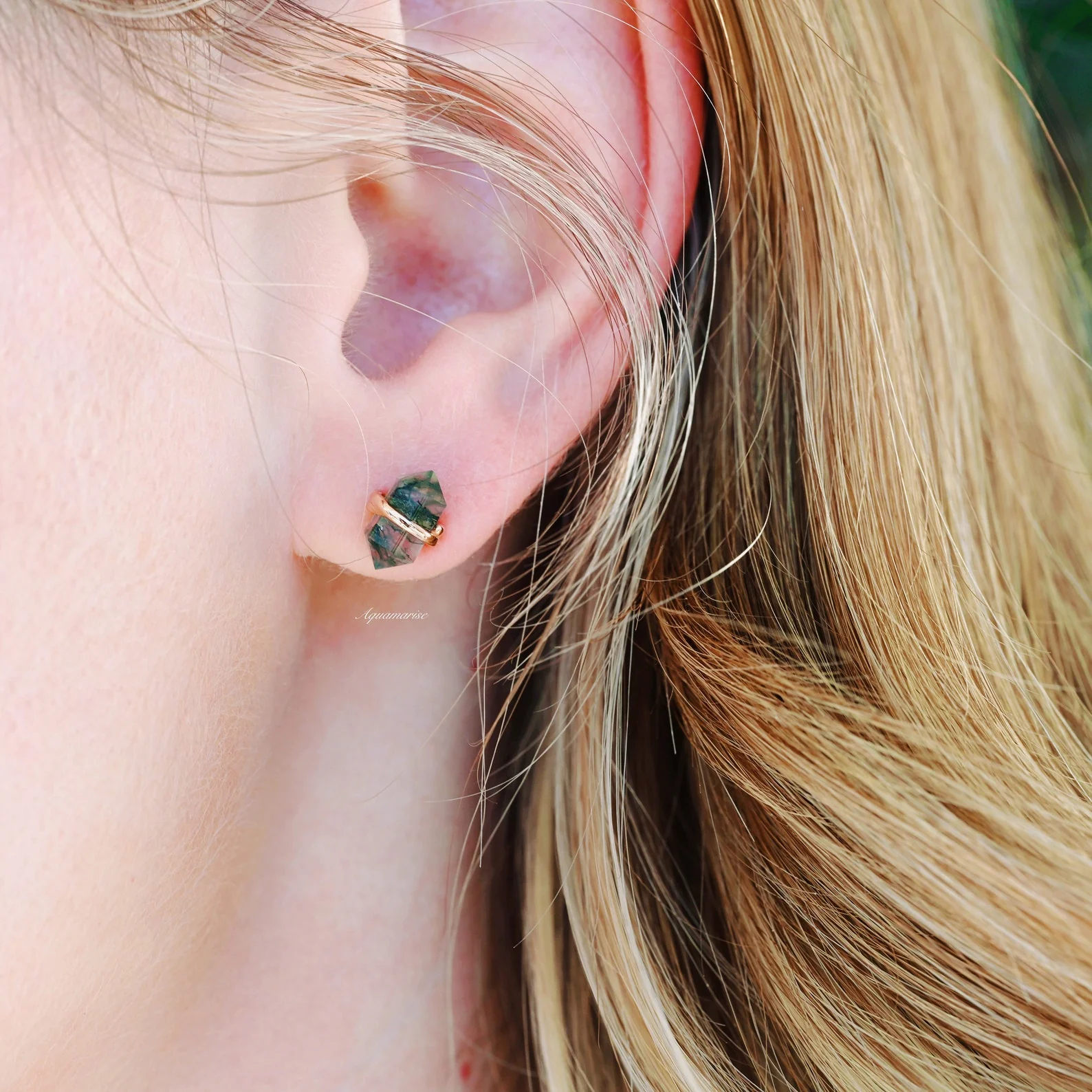 Raw Green Moss Agate Stud Earrings in 14K Rose Gold Vermeil - Image 4