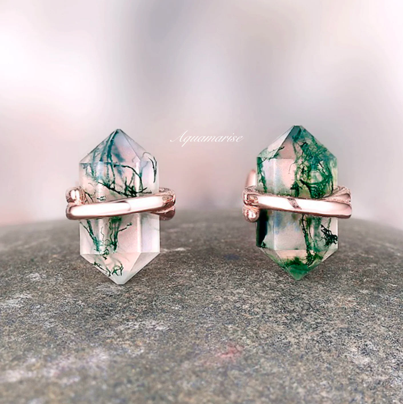Raw Green Moss Agate Stud Earrings in 14K Rose Gold Vermeil - Image 5