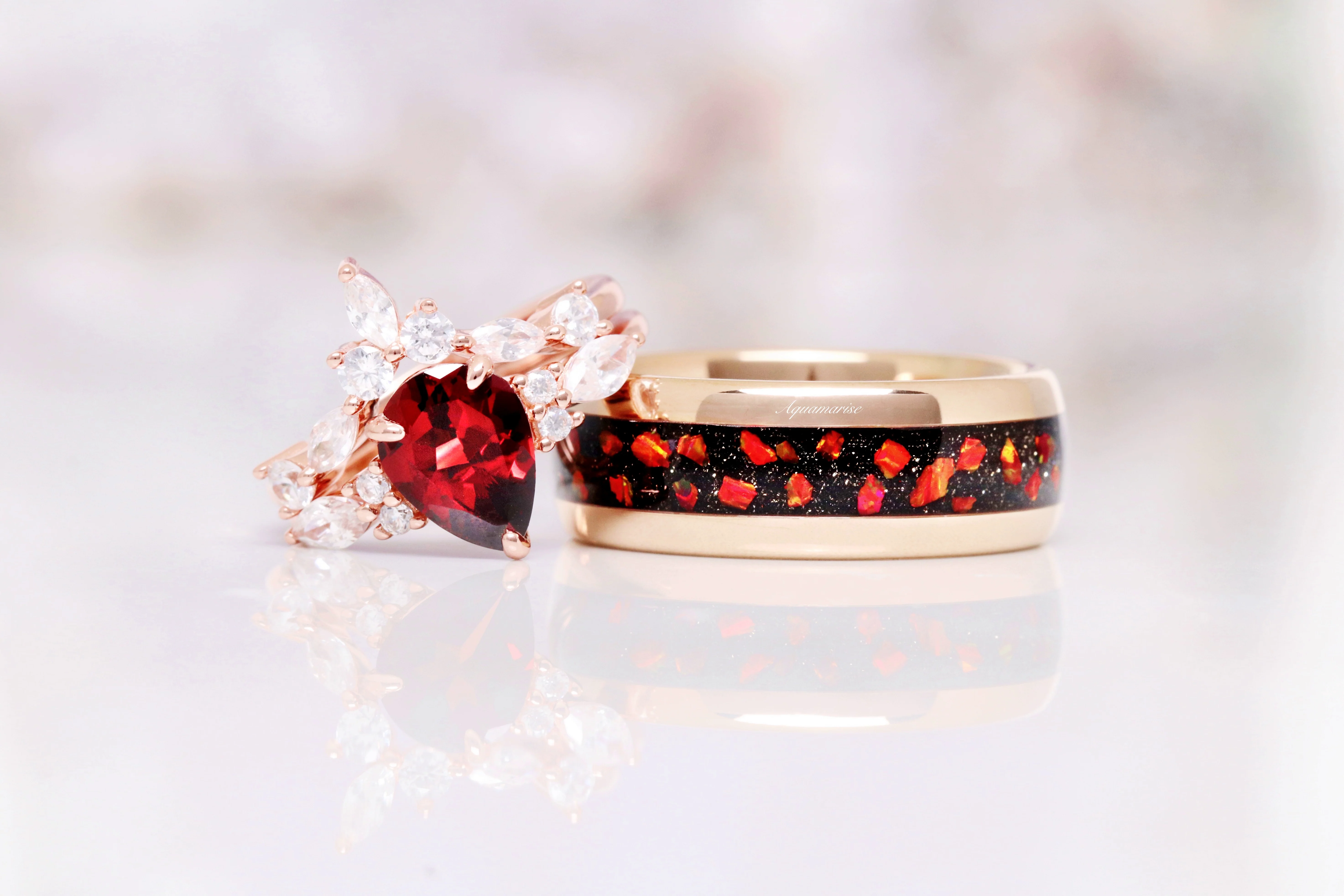 Crushed Galaxy Red Fire Opal Wedding Band in Rose Gold Tungsten Carbide (8mm) - Image 3