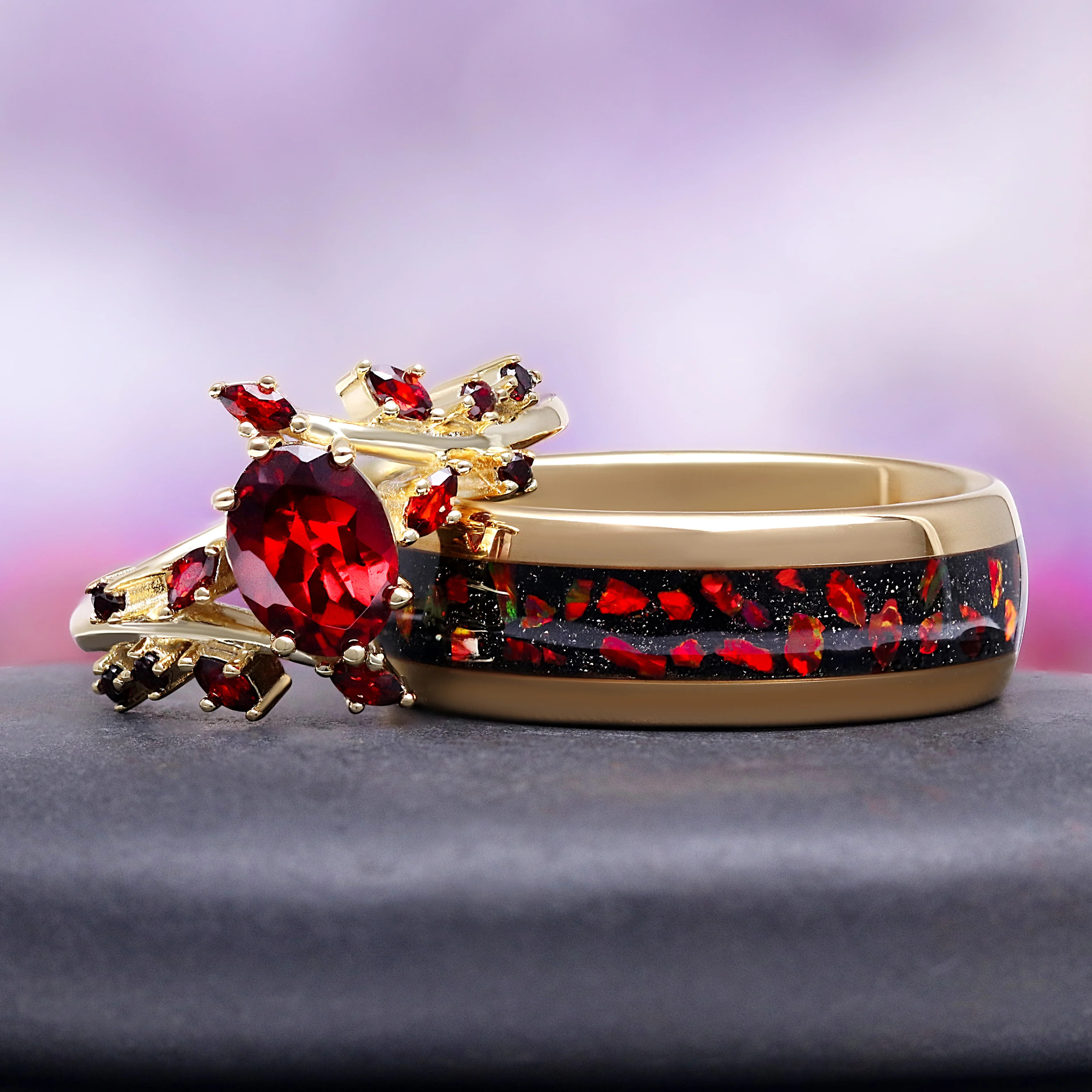Galaxy Red Fire Opal Wedding Band in Gold Tungsten Carbide (8mm) - Image 2