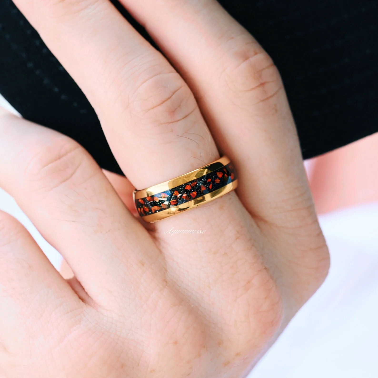 Galaxy Red Fire Opal Wedding Band in Gold Tungsten Carbide (8mm) - Image 4