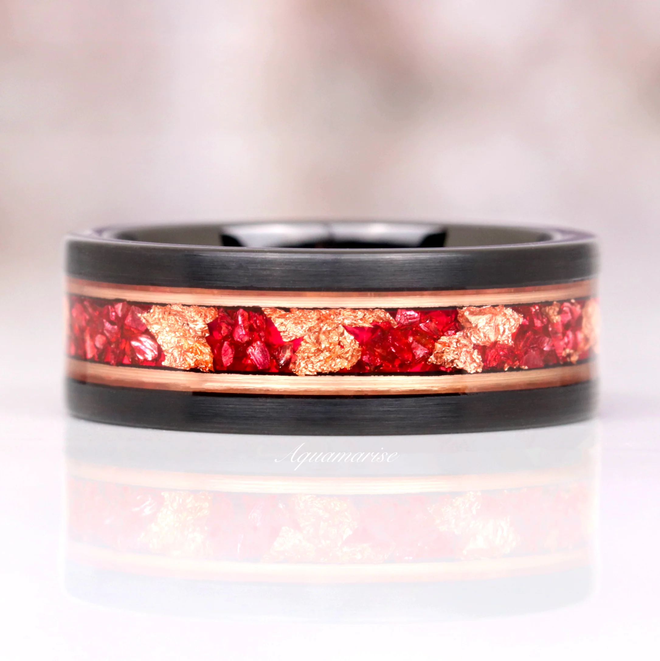 Ruby and Rose Gold Leaf Wedding Band in Two Tone Black Tungsten (8mm) - Image 6
