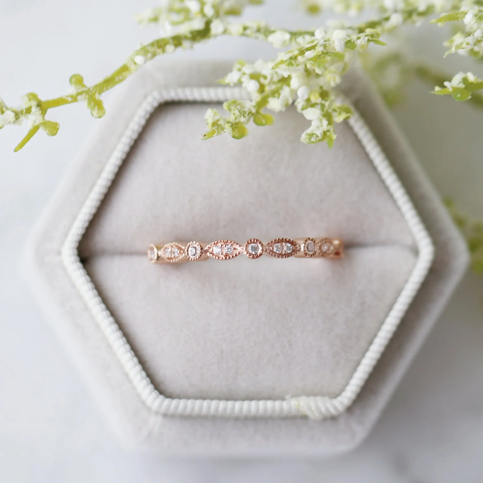Art Deco Milgrain Wedding Band in 14K Rose Gold Vermeil - Image 2