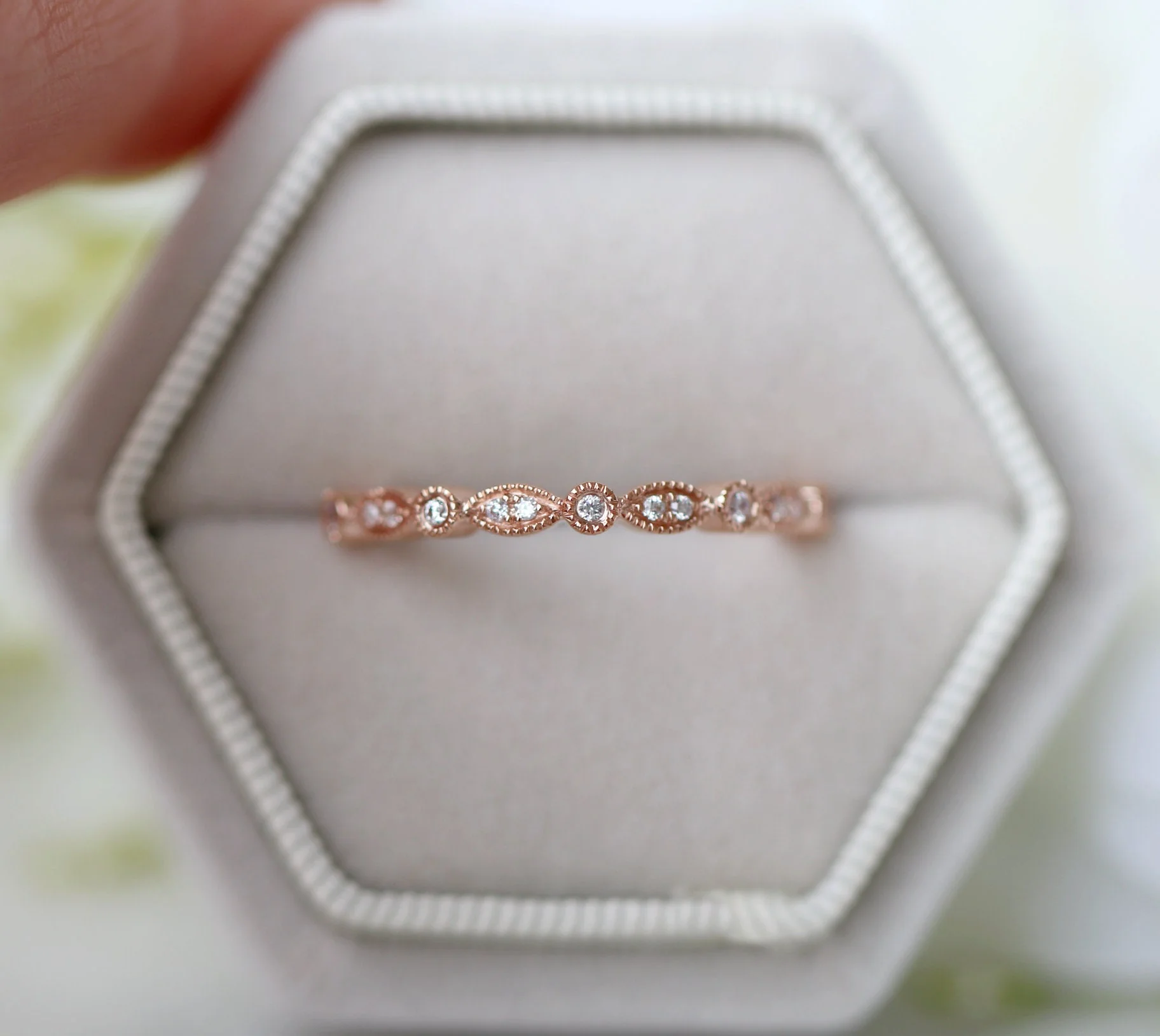 Art Deco Milgrain Wedding Band in 14K Rose Gold Vermeil - Image 3