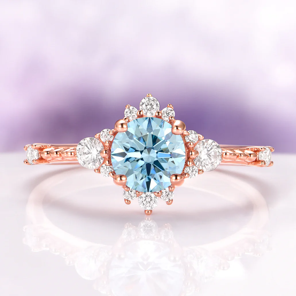 Round Cut Aquamarine Engagement Ring in 14K Solid Rose Gold