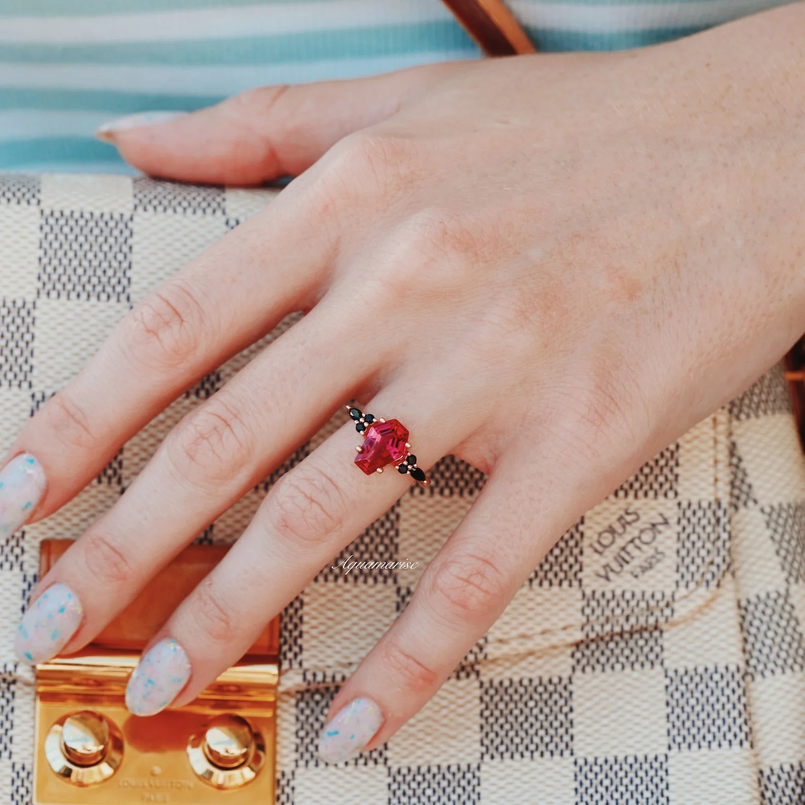 Coffin Cut Ruby and Rose Gold Leaf Couples Ring Set - Image 7