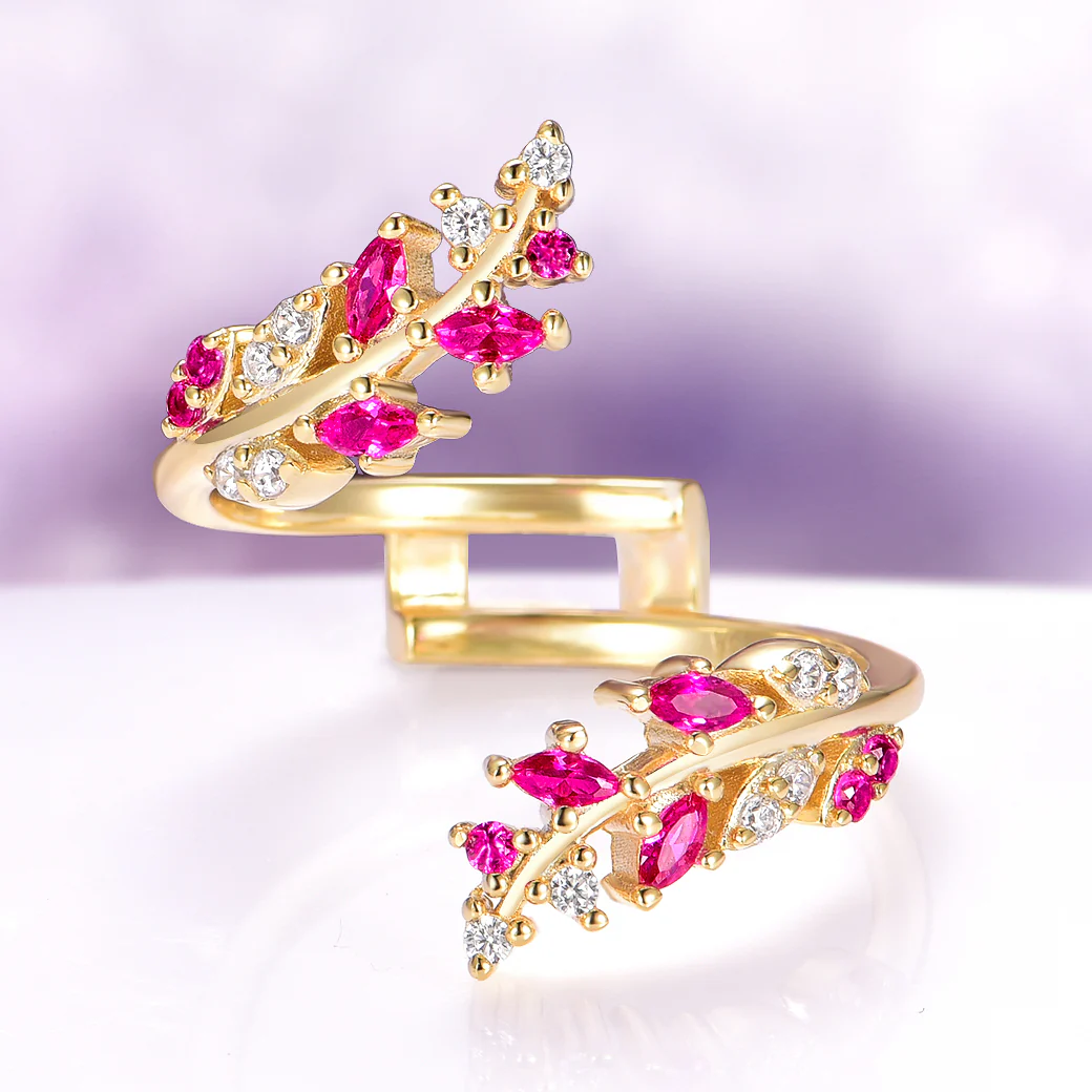 Lab-Grown Diamond & Ruby Leaf Ring Set in 14K Solid Yellow Gold (IGI Certified) - Image 10