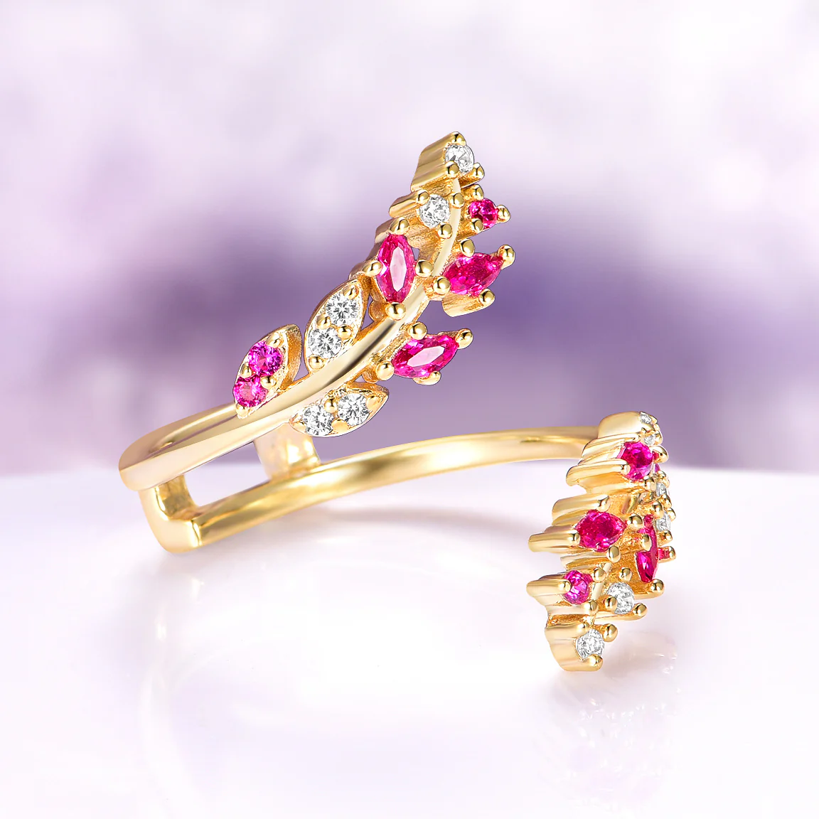 Lab-Grown Diamond & Ruby Leaf Ring Set in 14K Solid Yellow Gold (IGI Certified) - Image 11
