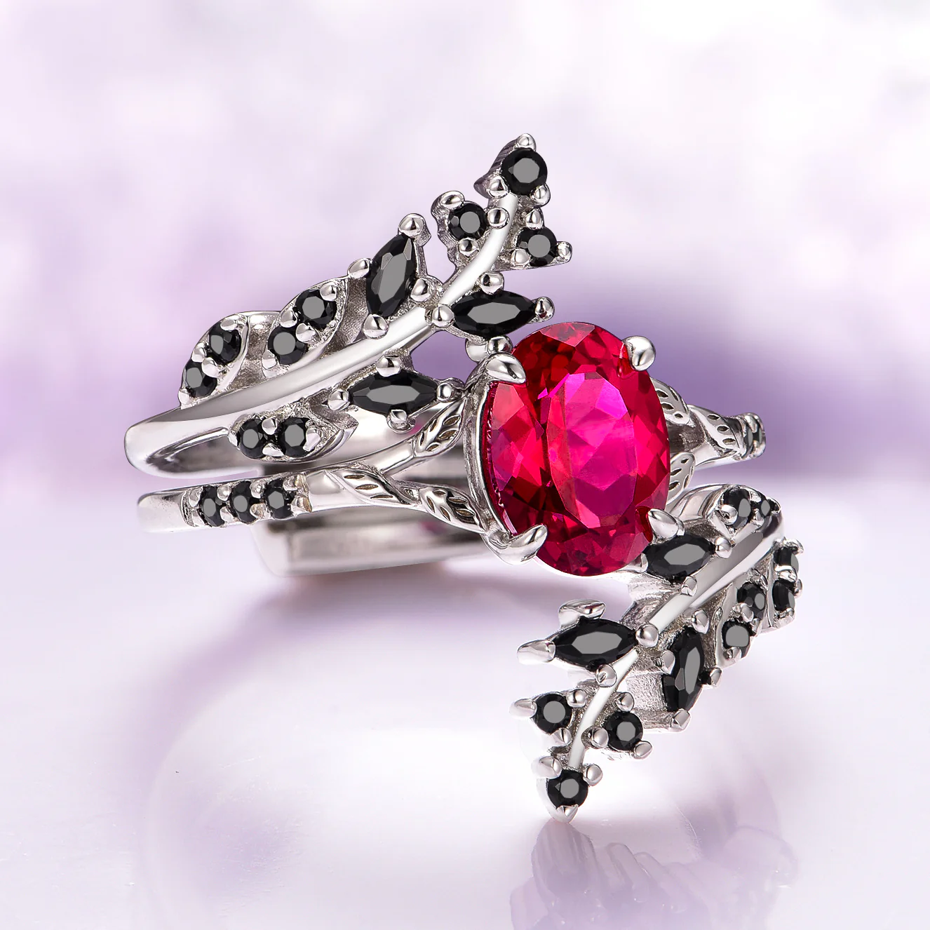 Ruby and Black Onyx Leaf Engagement Ring Set- 14K White Gold - Image 2