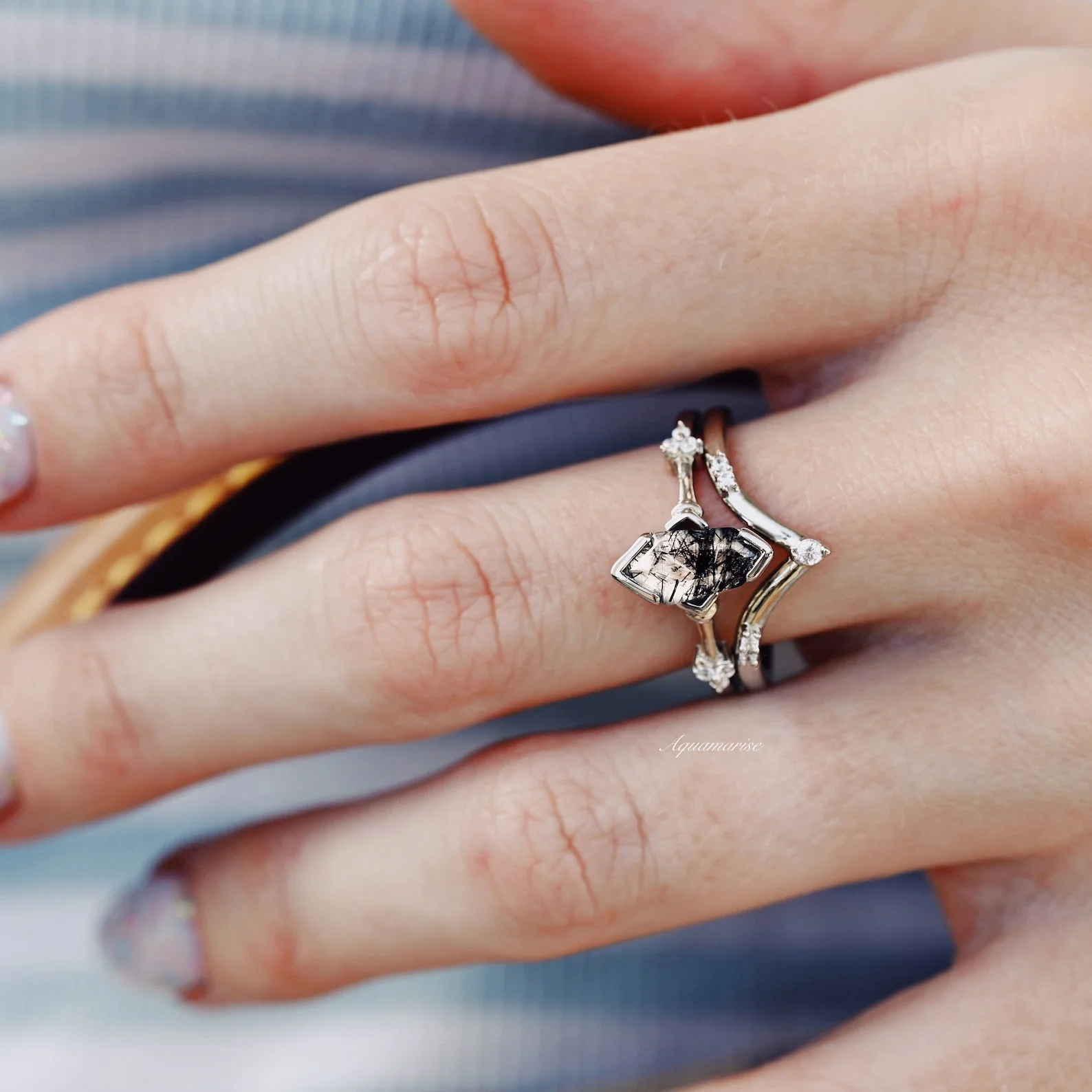 Hexagon Coffin Rutilated Quartz Geometric Engagement Ring Set in 14K White Gold - Image 4