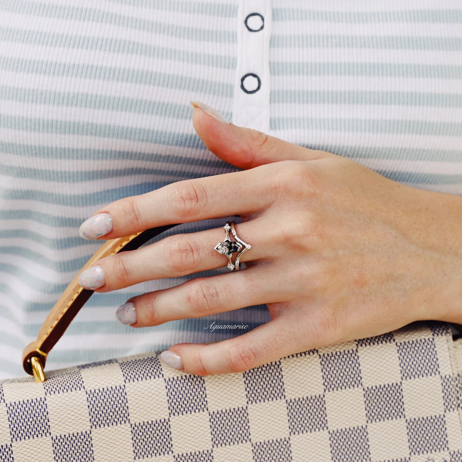 Hexagon Coffin Rutilated Quartz Geometric Engagement Ring Set in 14K White Gold - Image 5