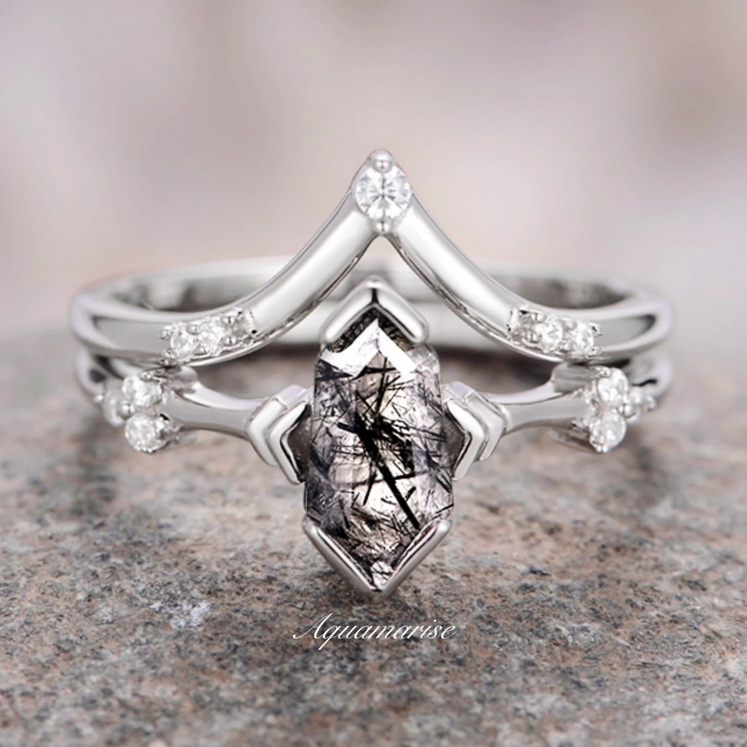 Hexagon Coffin Rutilated Quartz Geometric Engagement Ring Set in 14K White Gold - Image 7