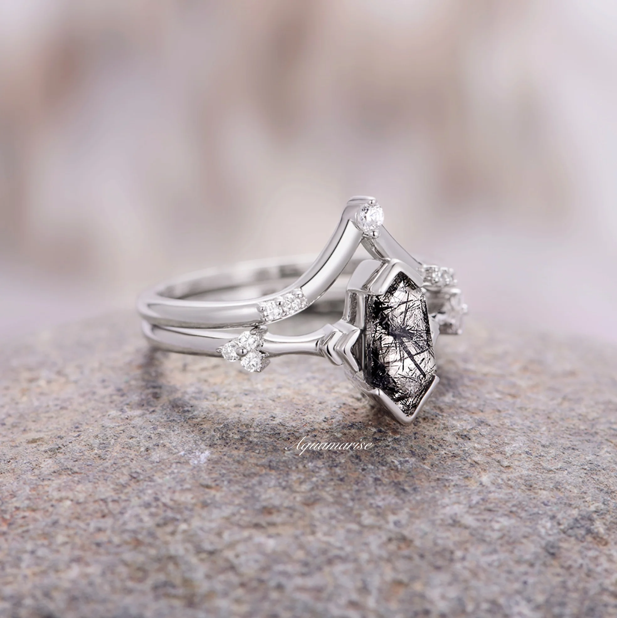 Hexagon Coffin Rutilated Quartz Geometric Engagement Ring Set in 14K White Gold - Image 8
