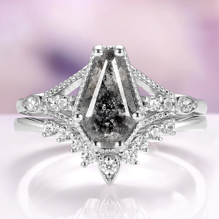Galaxy Salt & Pepper (Herkimer) Diamond & Meteorite Couples Ring Set - Image 4