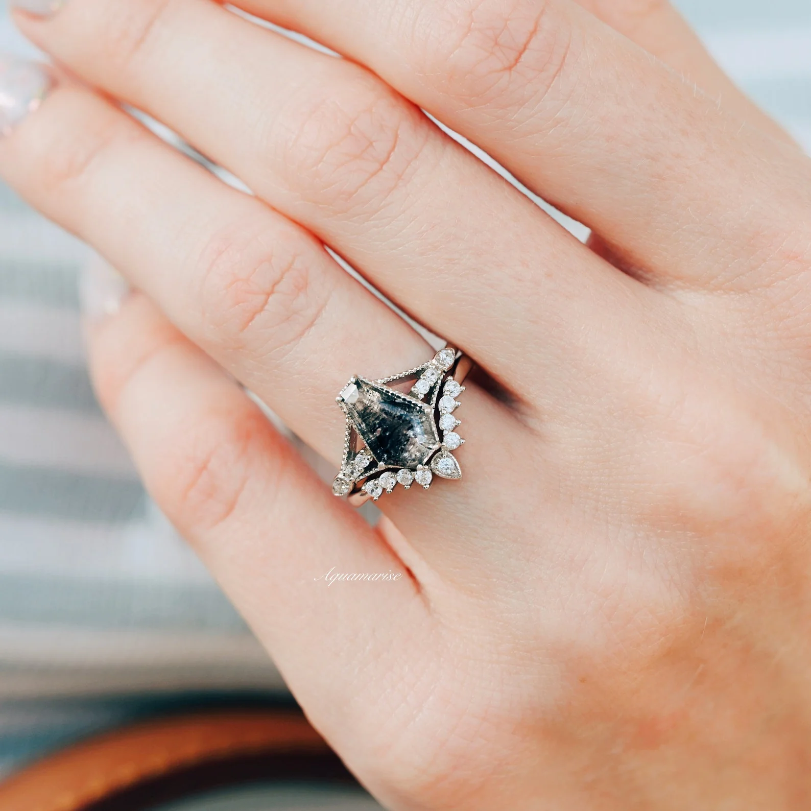 Lilith Coffin Cut Natural Herkimer Diamond Ring Set in 14K White Gold - Image 3
