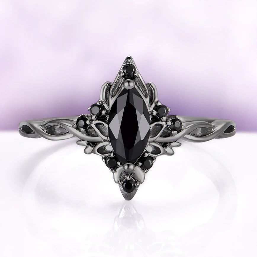 Shadow Queen Black Onyx Lotus Ring in Black Ruthenium