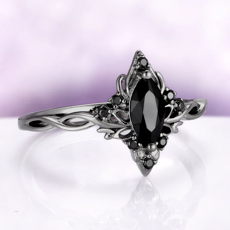 Shadow Queen Black Onyx Lotus Ring in Black Ruthenium - Image 2
