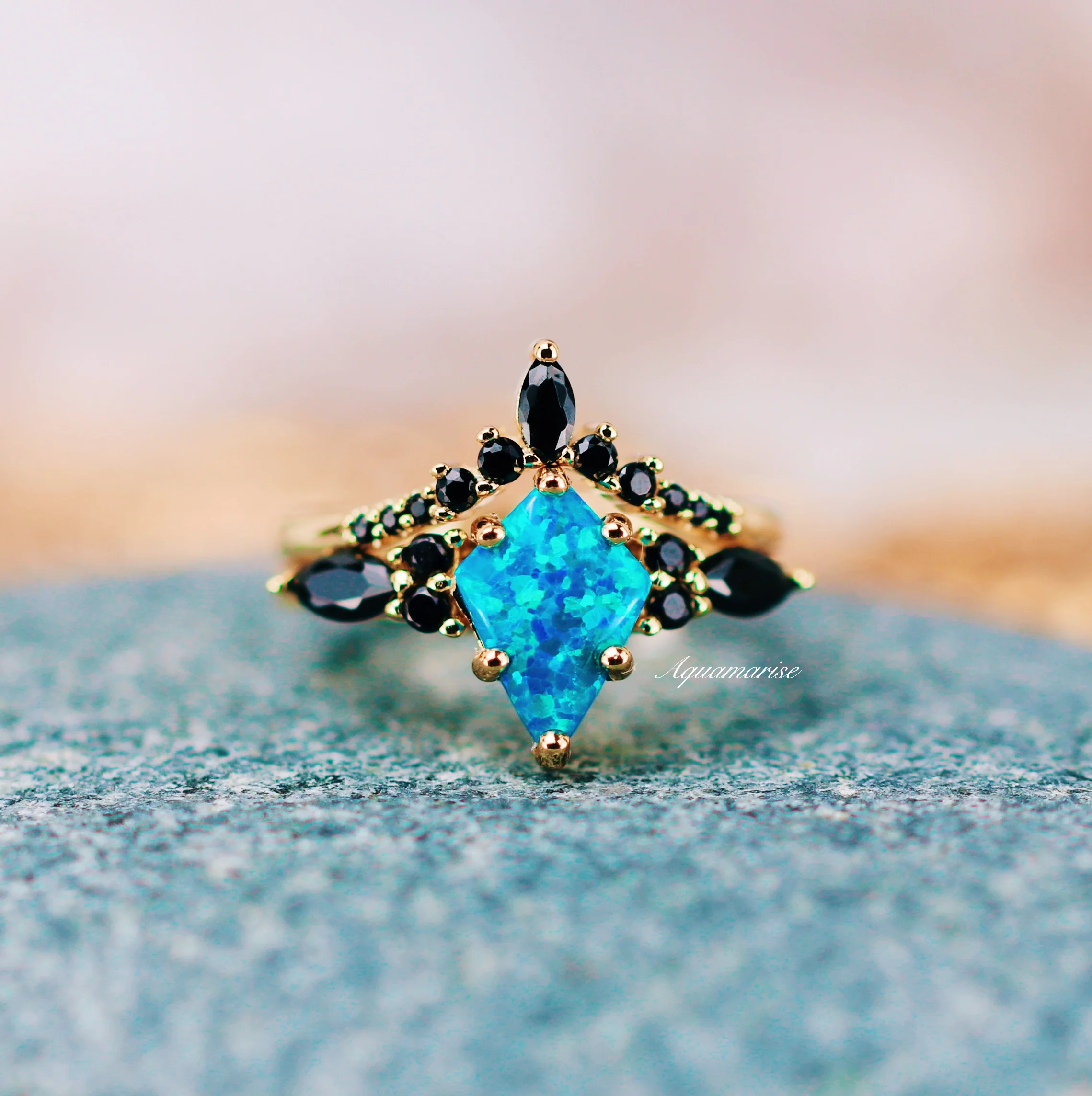 Skye Kite®  Blue Fire Opal & Black Onyx Ring Set- 14K Yellow Gold Vermeil - Image 10