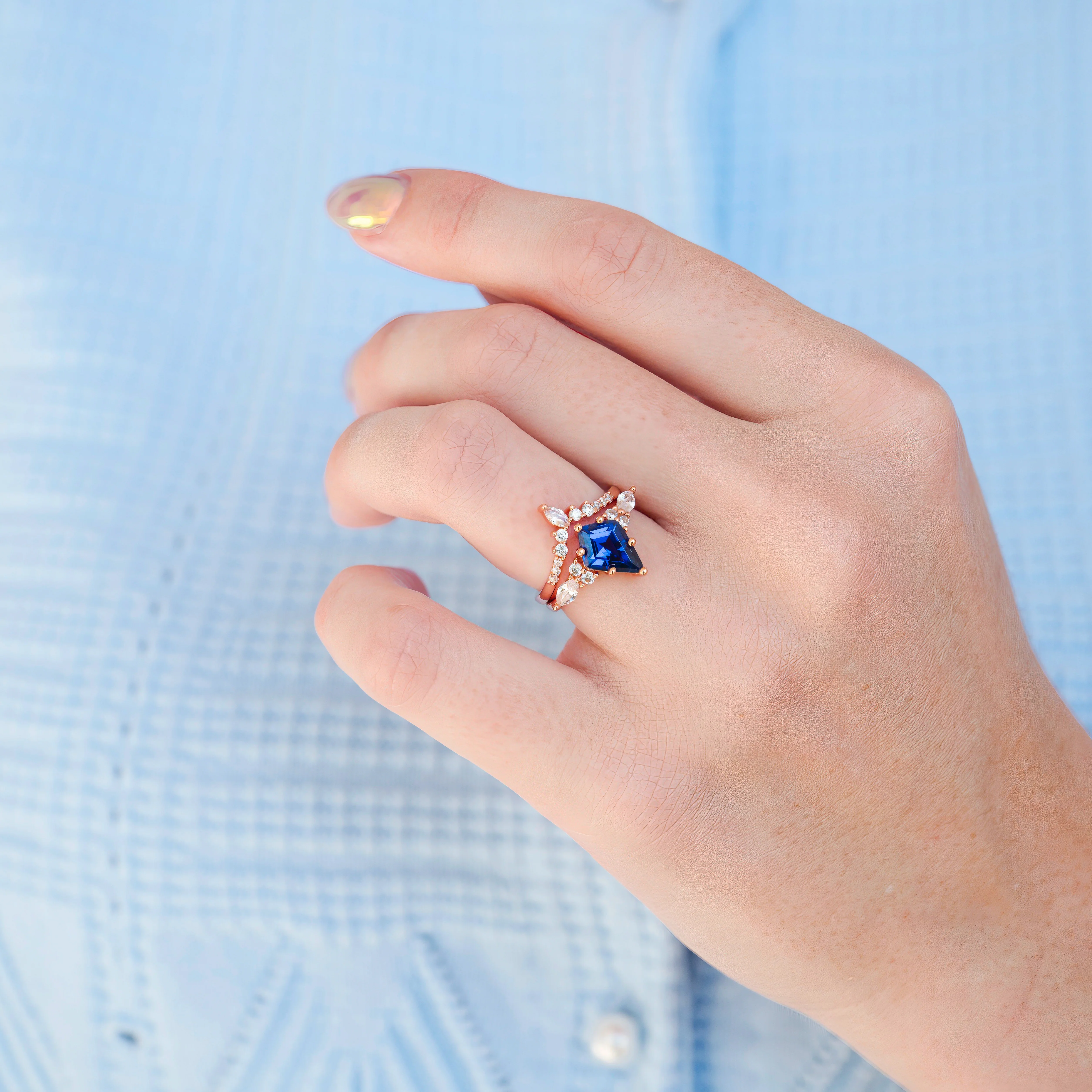 Skye Kite® Cornflower Sapphire Kite Engagement Ring Set- 14K Solid Rose Gold - Image 4